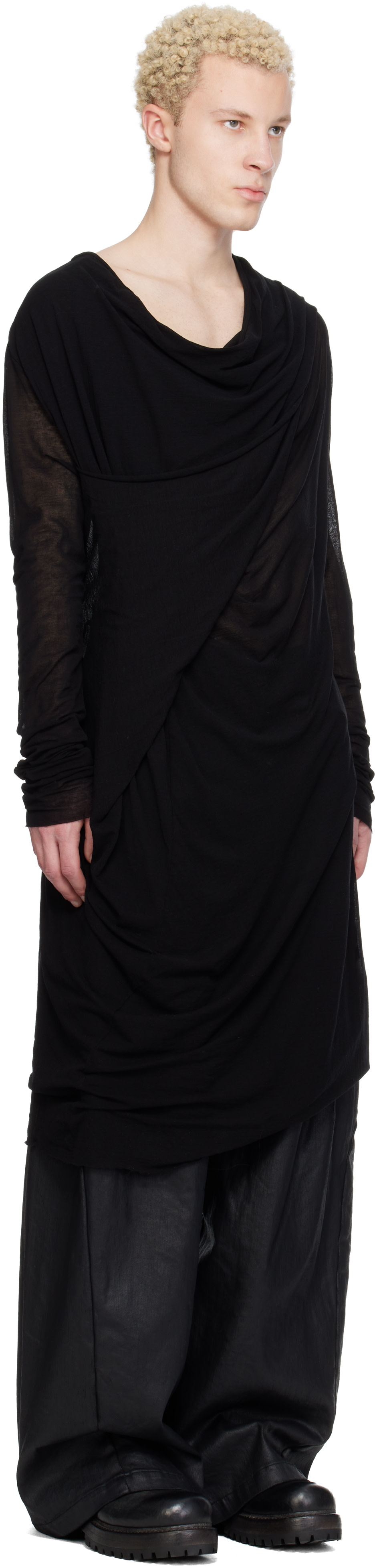 Julius: Black Drop Neck Drape T-shirt | SSENSE