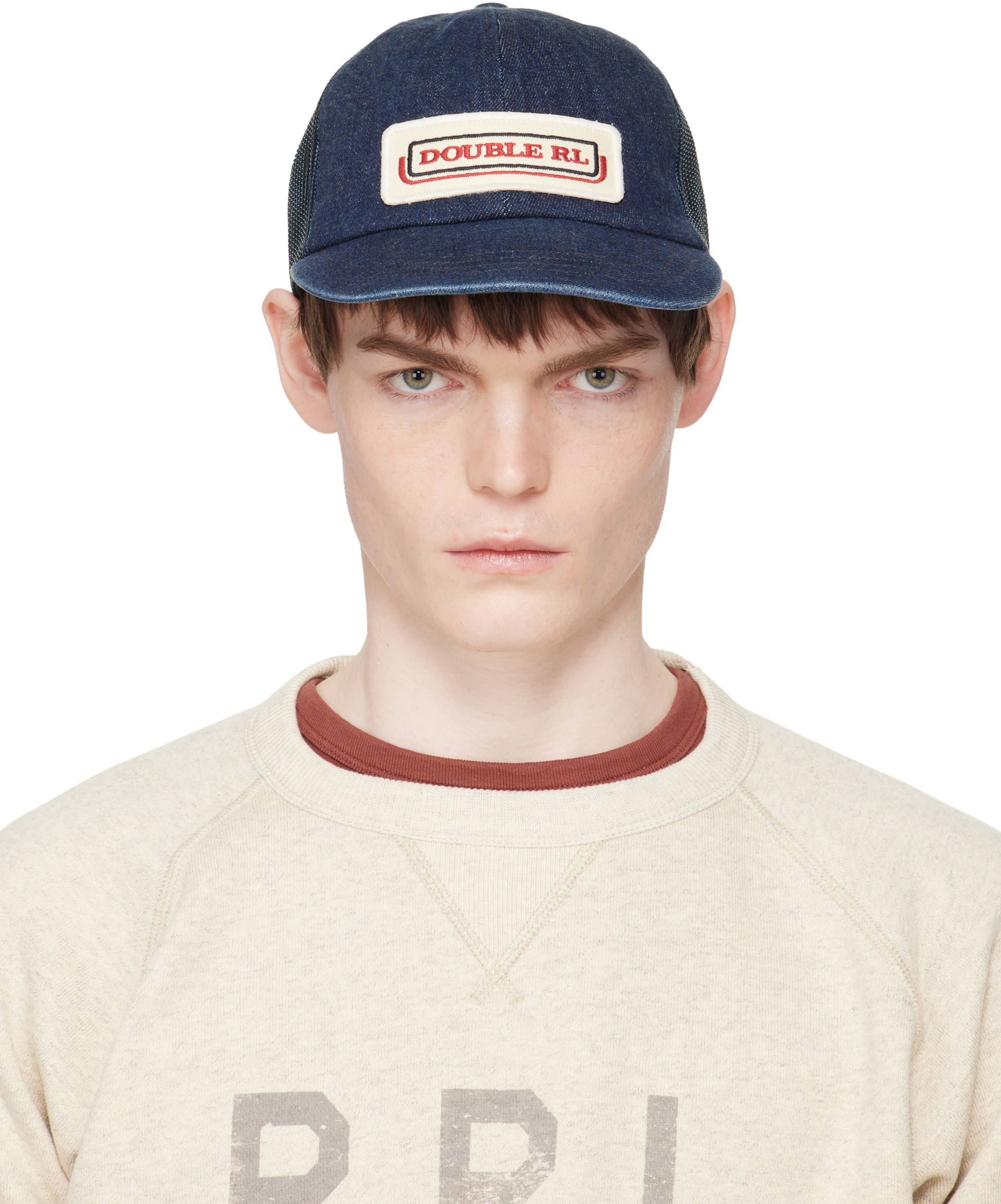 RRL: ネイビー ロゴパッチ インディゴ デニム トラッカーキャップ