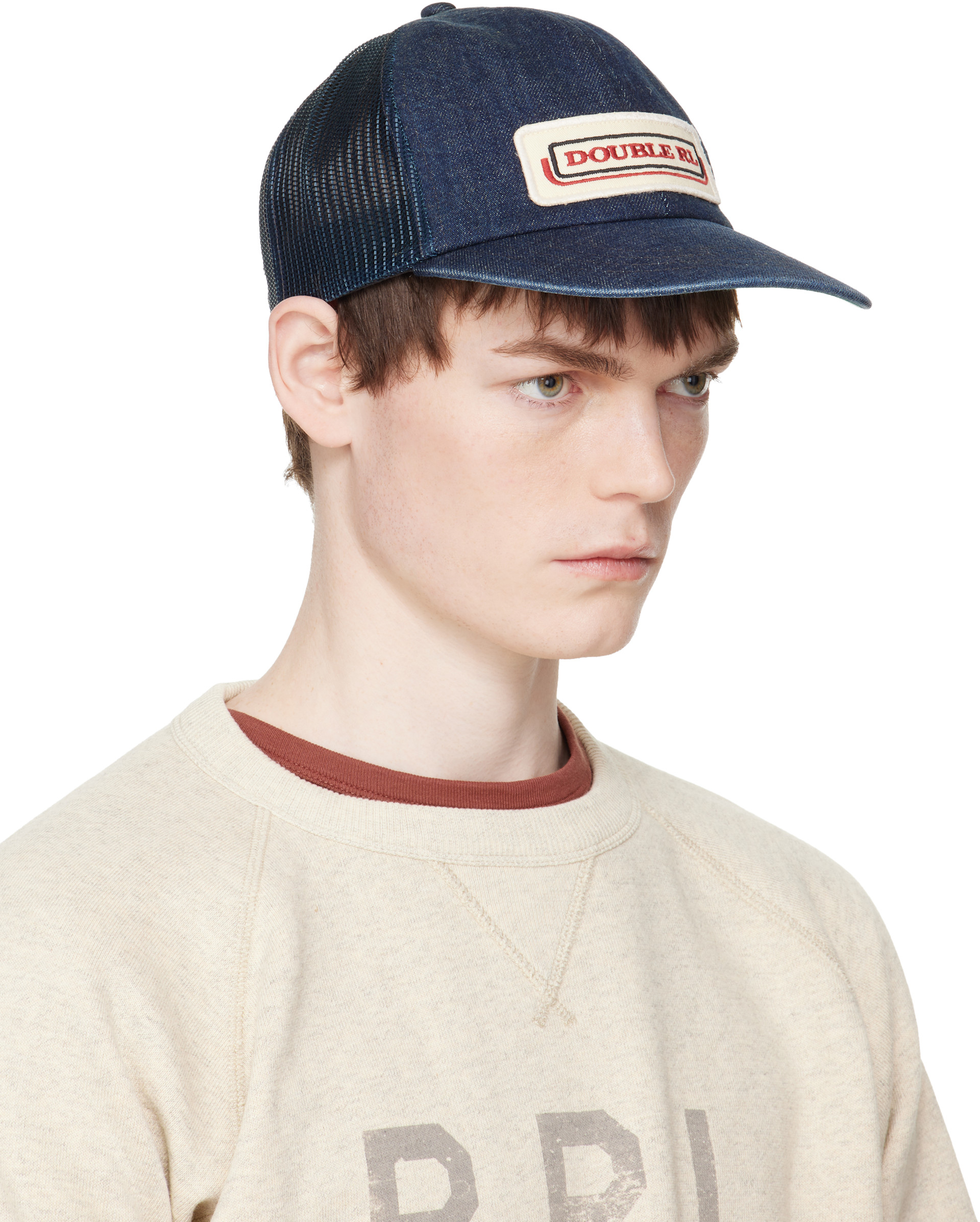 RRL デニム　インディゴ　キャップ RRL: ネイビー ロゴパッチ インディゴ デニム トラッカーキャップ