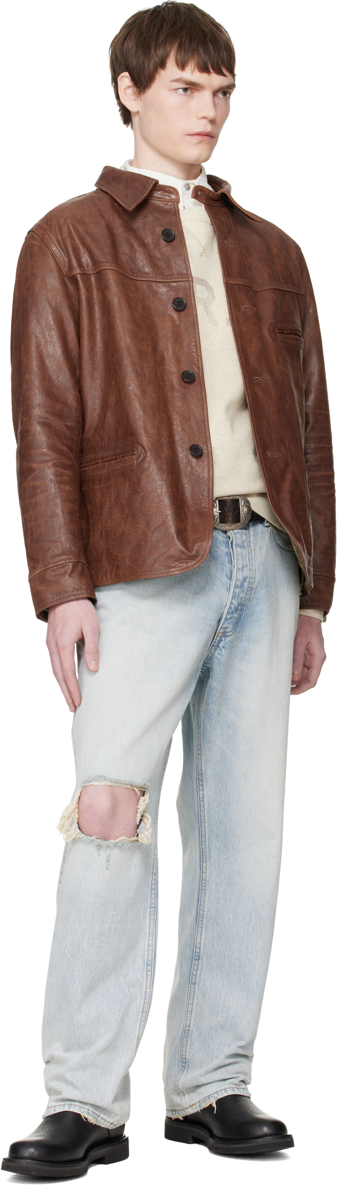 RRL: Brown Car Leather Jacket | SSENSE