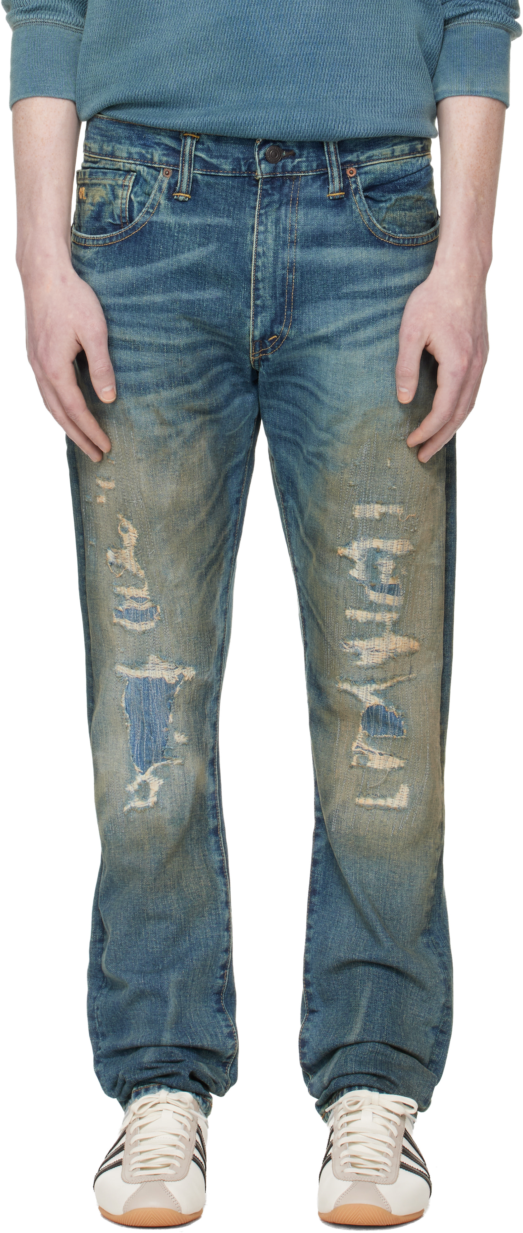 RRL - Jean ajusté Brannon bleu à effet usé