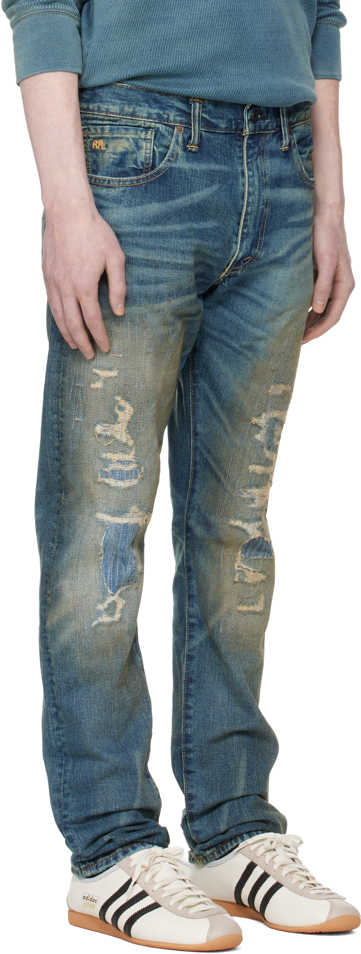 RRL - Jean ajusté Brannon bleu à effet usé