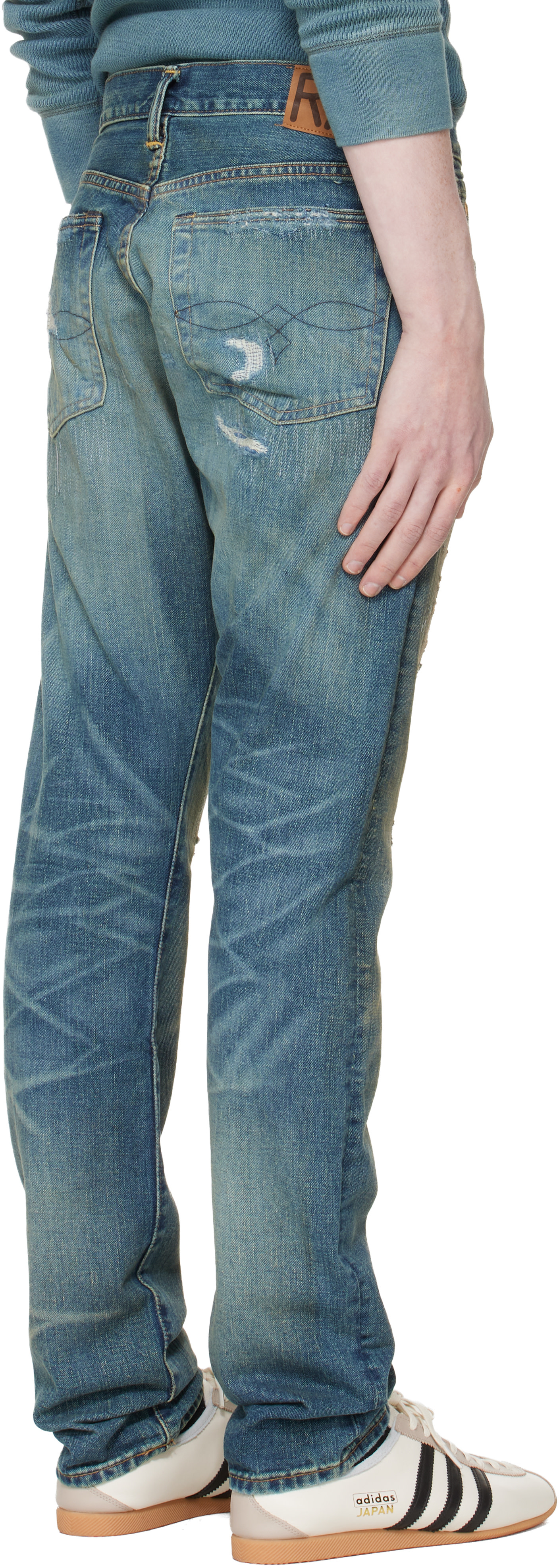 RRL - Jean ajusté Brannon bleu à effet usé