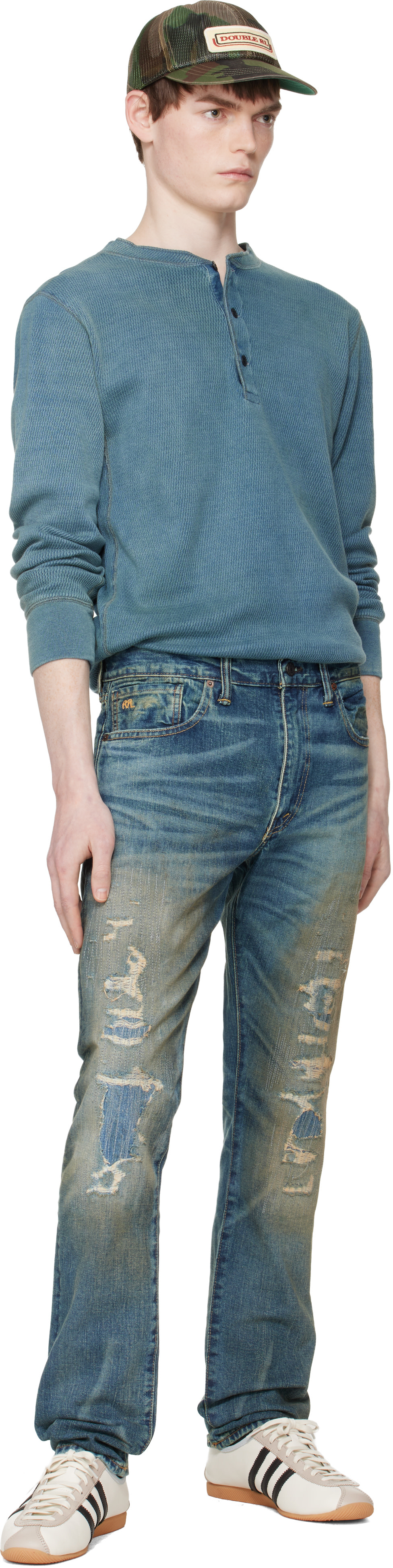 RRL - Jean ajusté Brannon bleu à effet usé