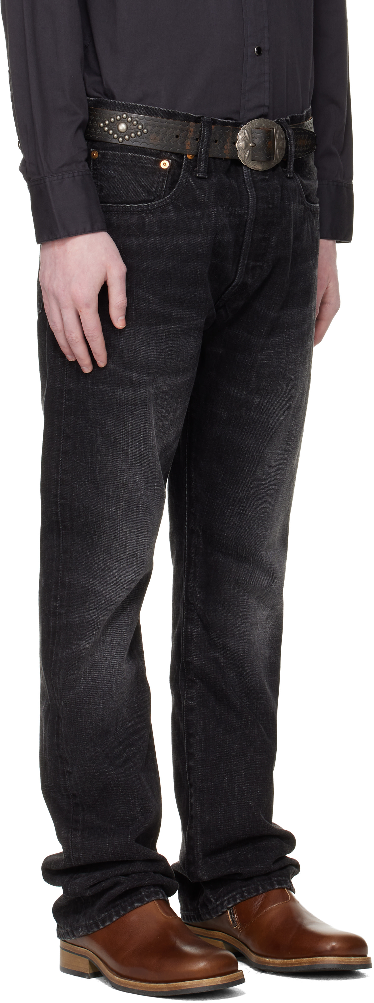 RRL: ブラック Slim Boot Distressed セルビッジジーンズ | SSENSE 日本