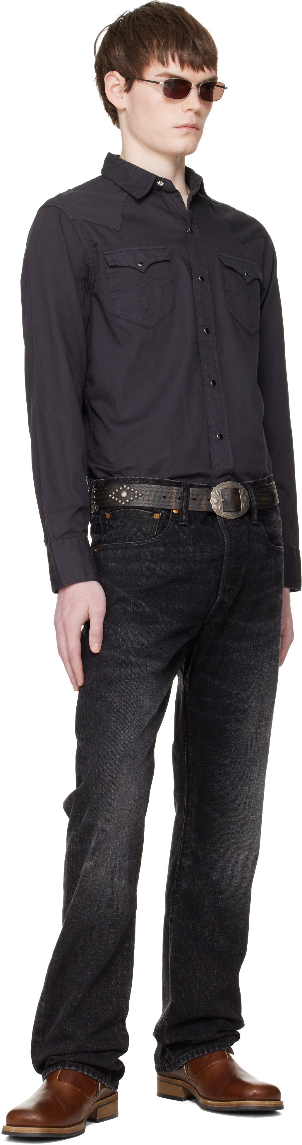 RRL: ブラック Slim Boot Distressed セルビッジジーンズ | SSENSE 日本