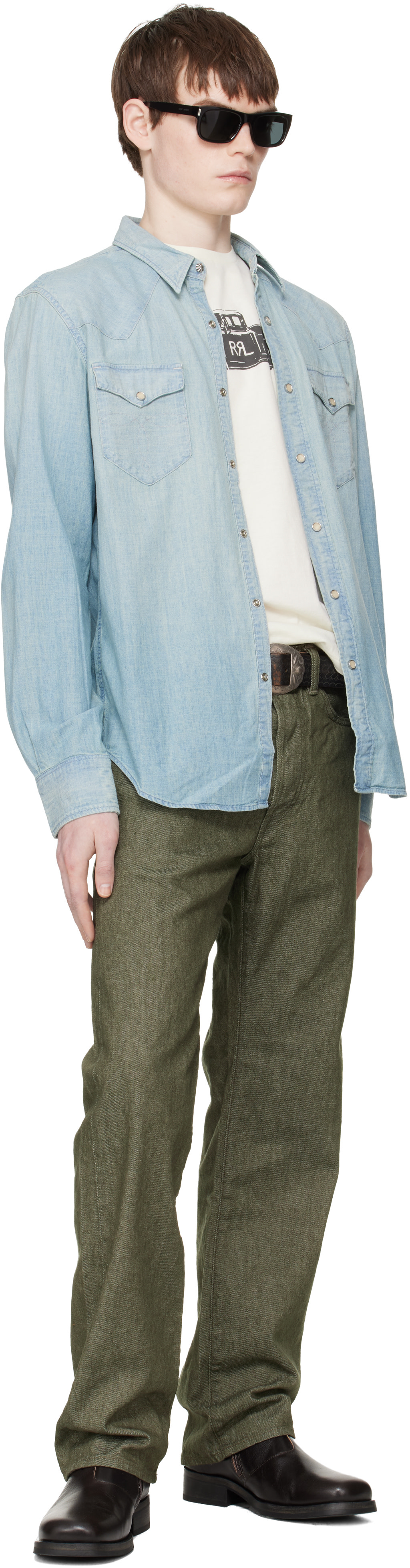 RRL: ブルー スリムフィット シャンブレー ウエスタンシャツ | SSENSE 日本
