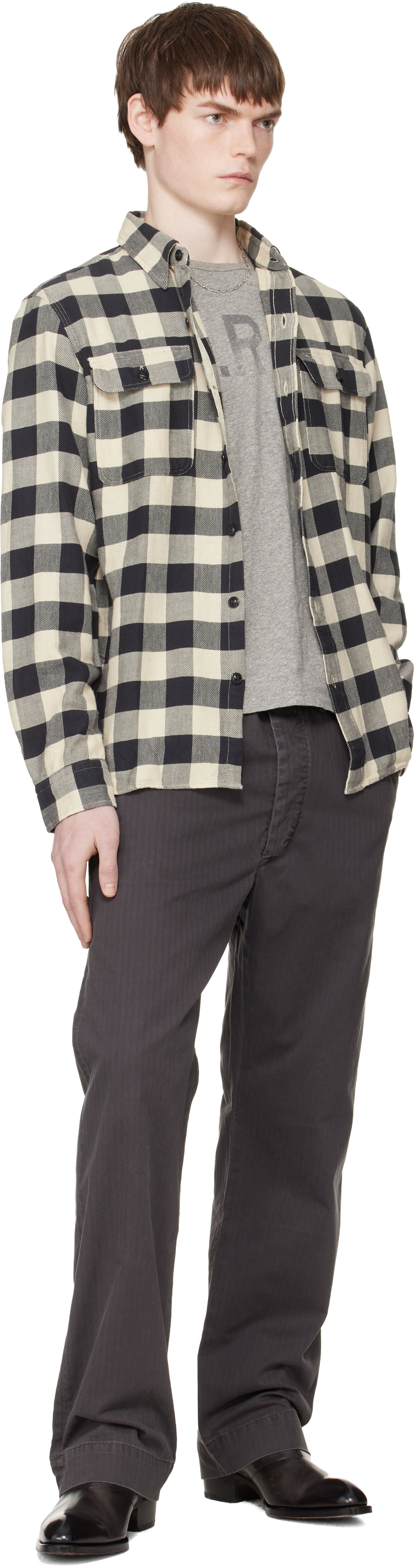 RRL: Black & Off-White Buffalo Check Twill Work Shirt | SSENSE