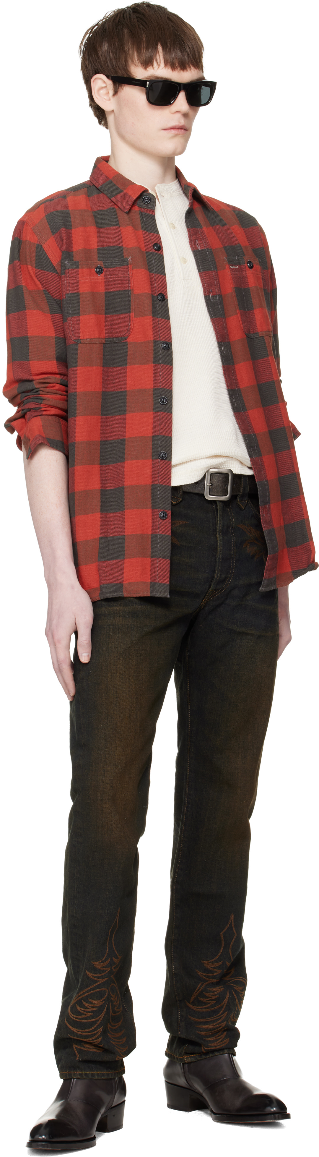 RRL: Red & Black Plaid Twill Work Shirt | SSENSE