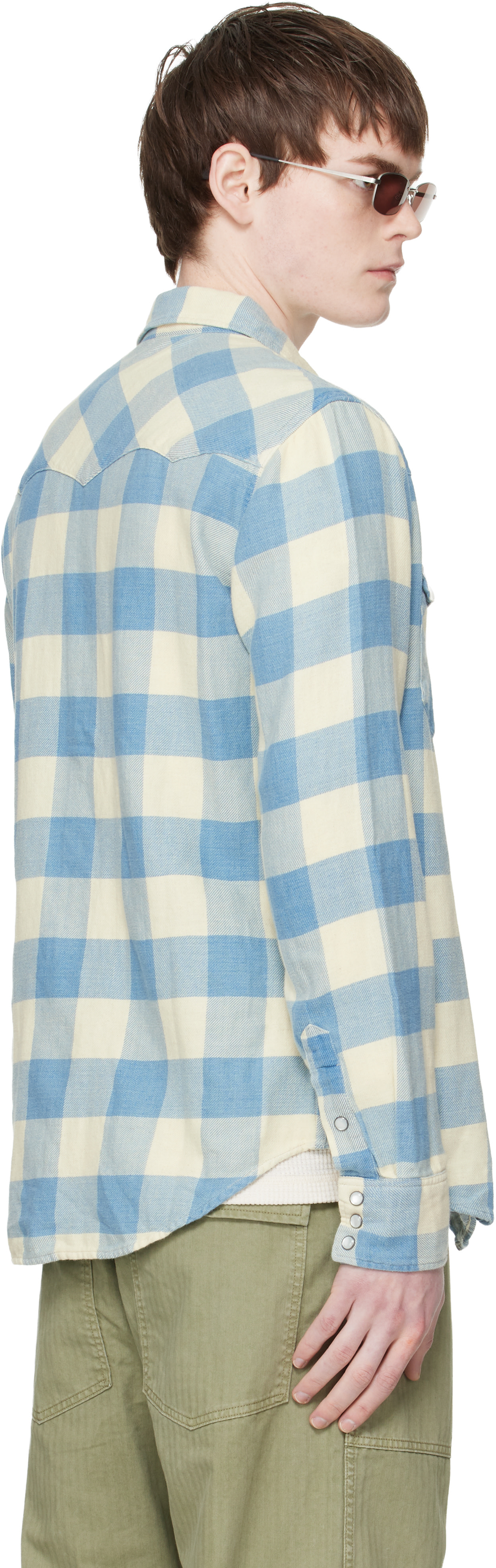 RRL: Blue & Off-White Slim Fit Plaid Twill Western Shirt | SSENSE