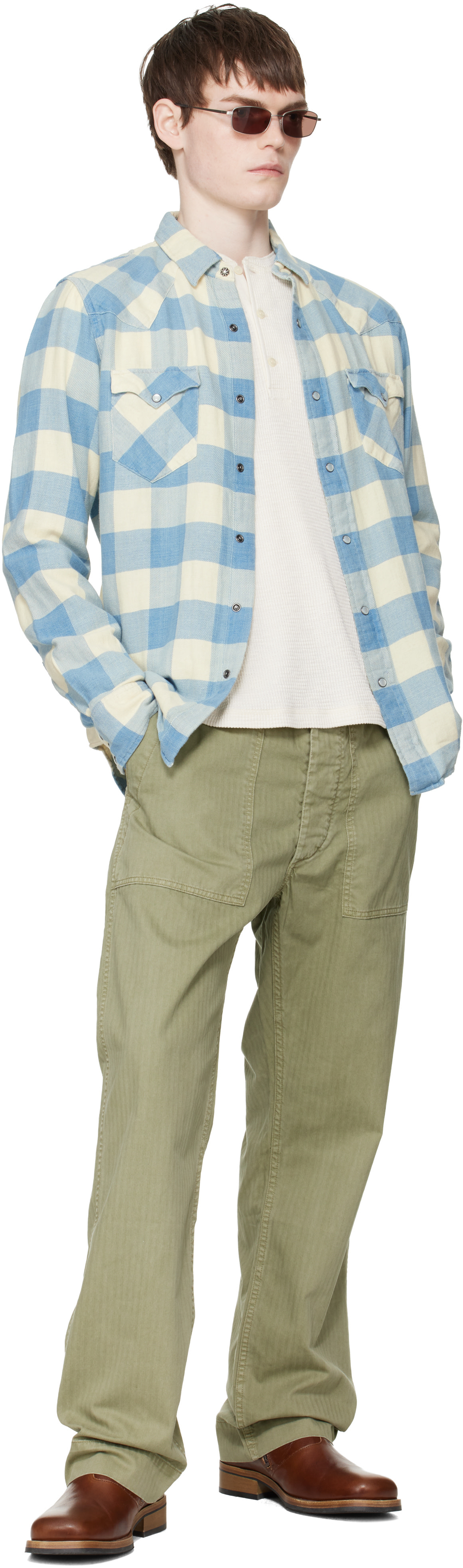 RRL: Blue & Off-White Slim Fit Plaid Twill Western Shirt | SSENSE