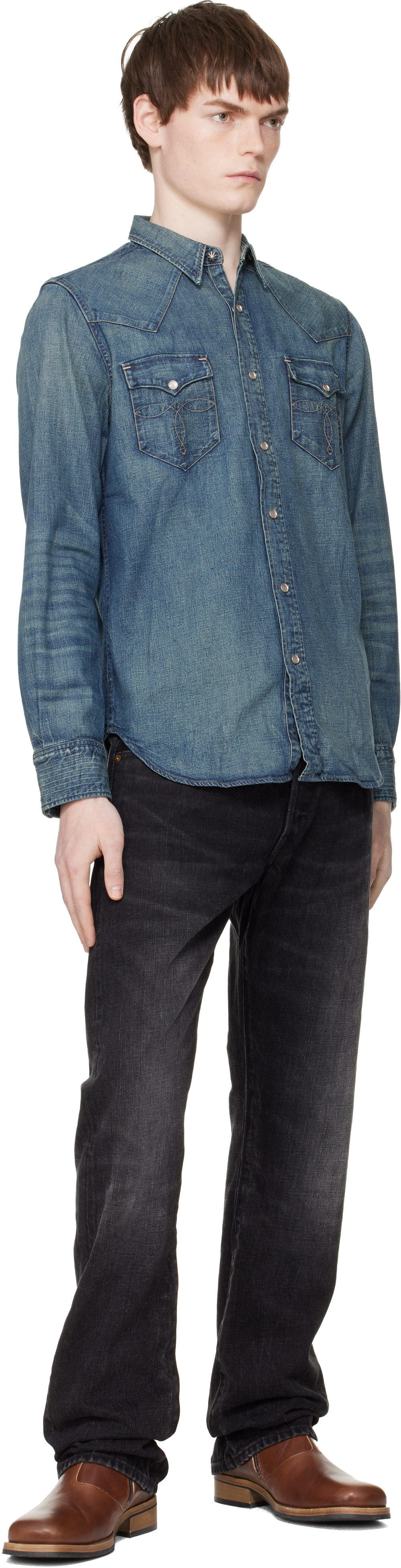 RRL: ブルー スリムフィット デニム ウエスタンシャツ | SSENSE 日本