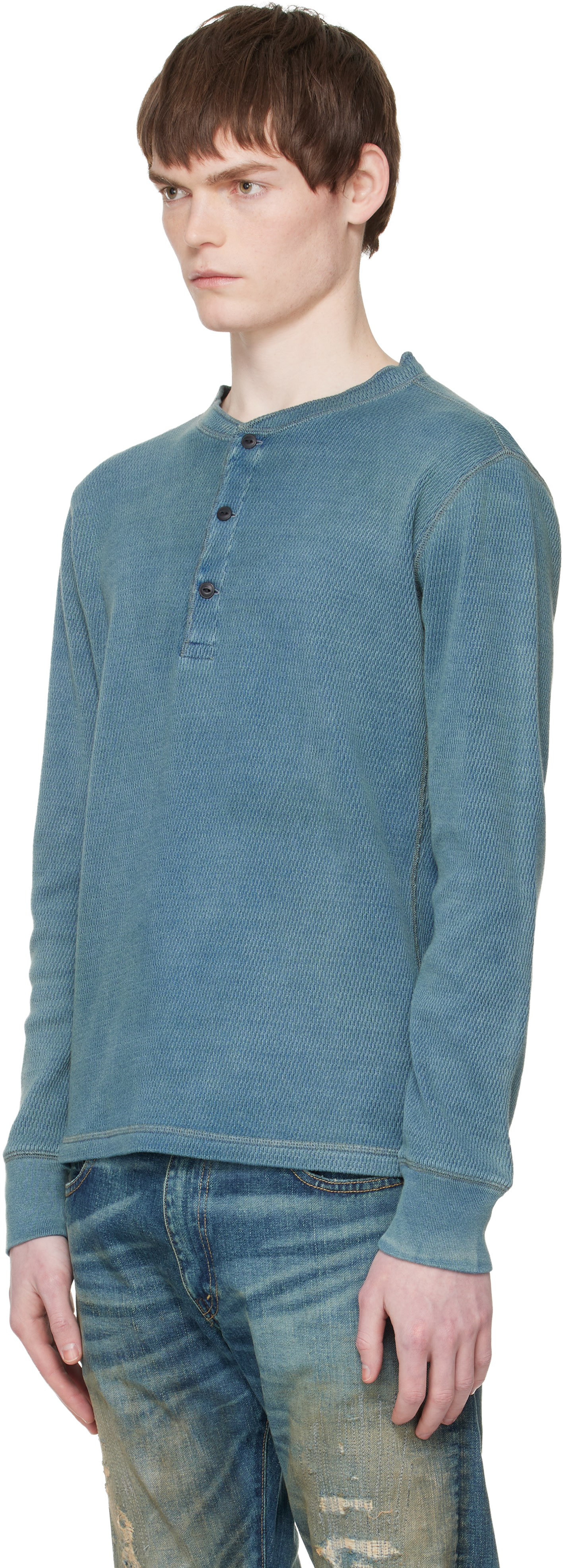 RRL: ブルー ジャカード ヘンリーネック Tシャツ | SSENSE 日本