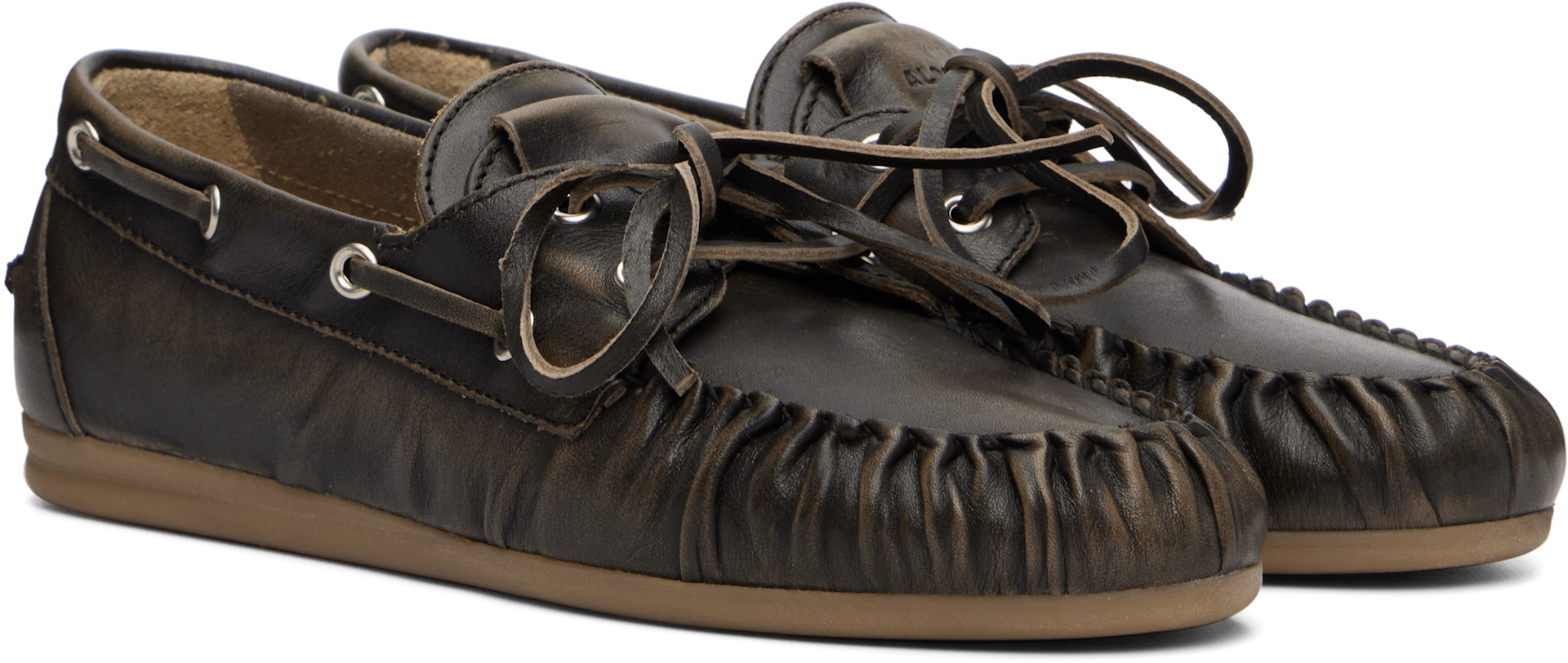 Alohas: Brown Rowan Vintage Effect Leather Boat Shoes | SSENSE