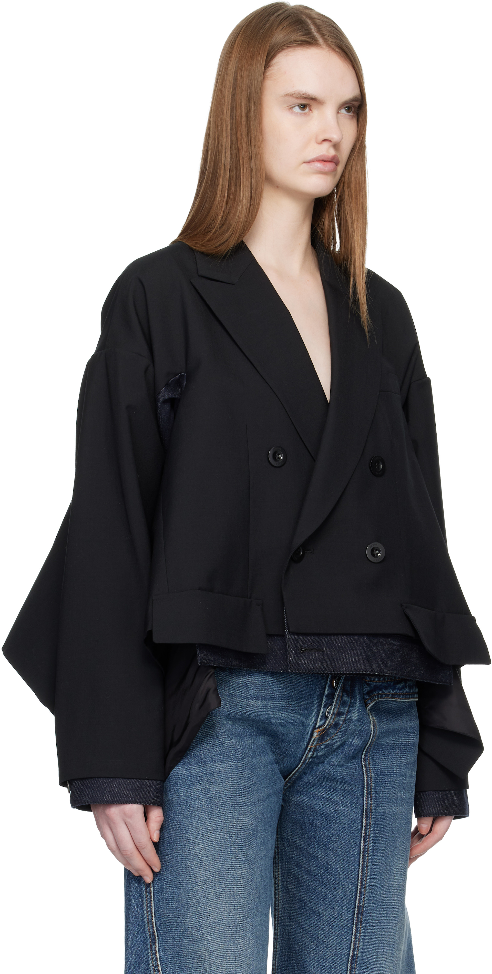 sacai: ブラック Suiting & Denim テーラードジャケット | SSENSE 日本