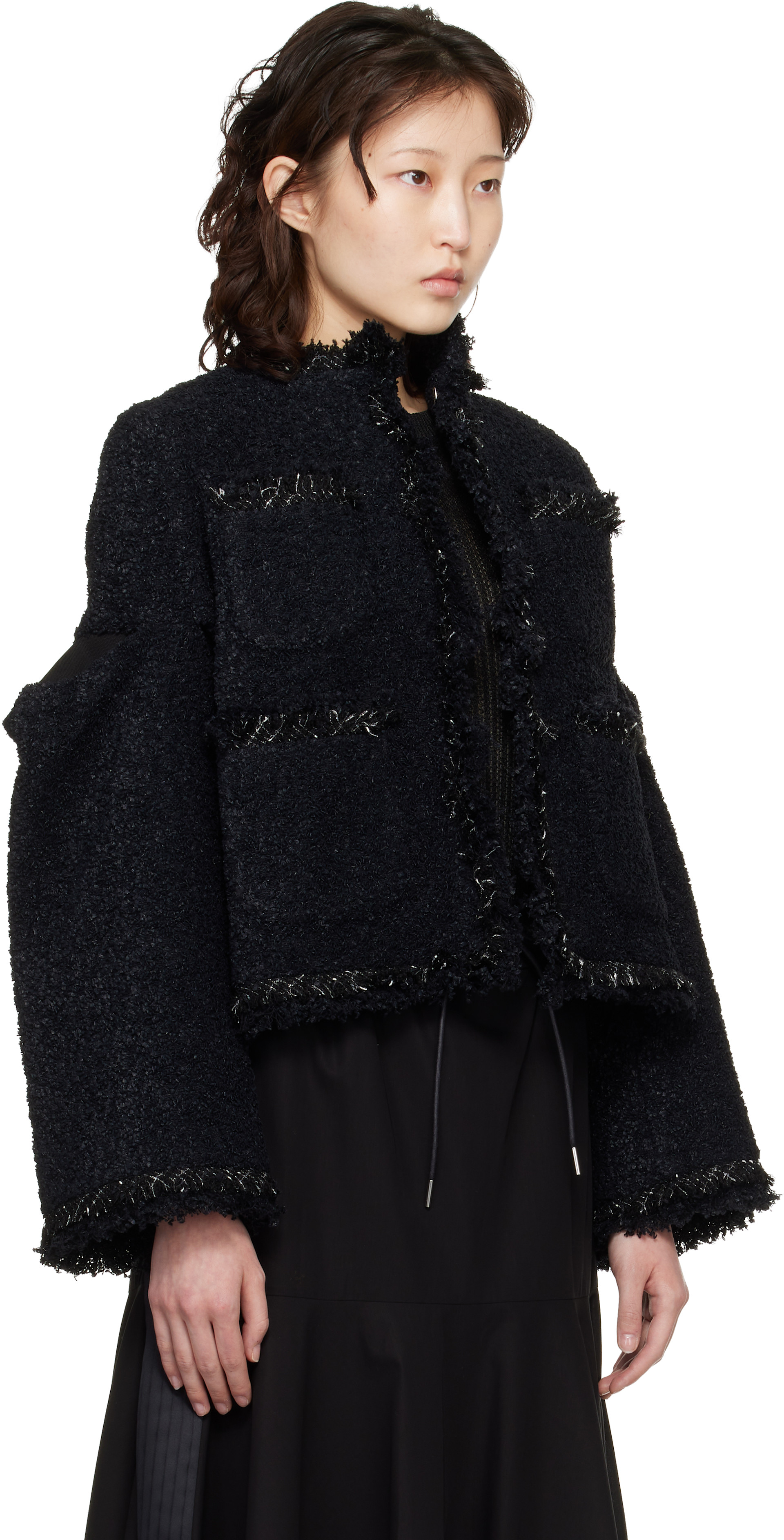 sacai - サカイ 19年製 フリンジニットブルゾン ジャケット 2 黒 19-04721 sacai: Black Tweed Jacket | SSENSE