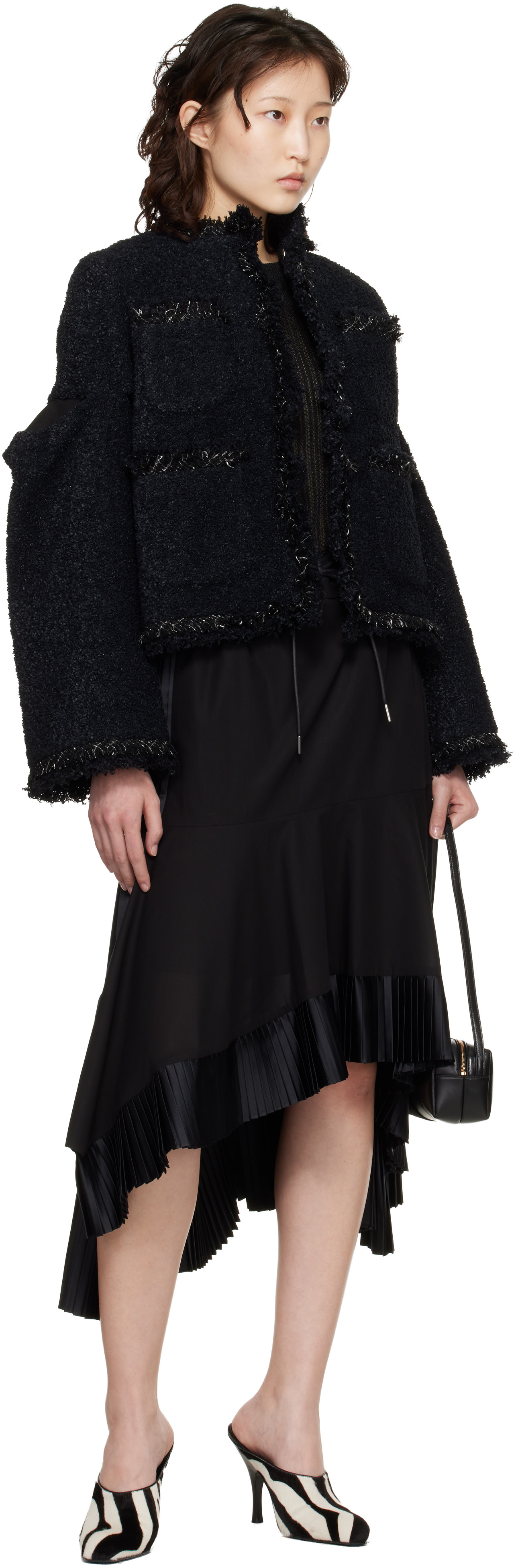 sacai: Black Tweed Jacket | SSENSE