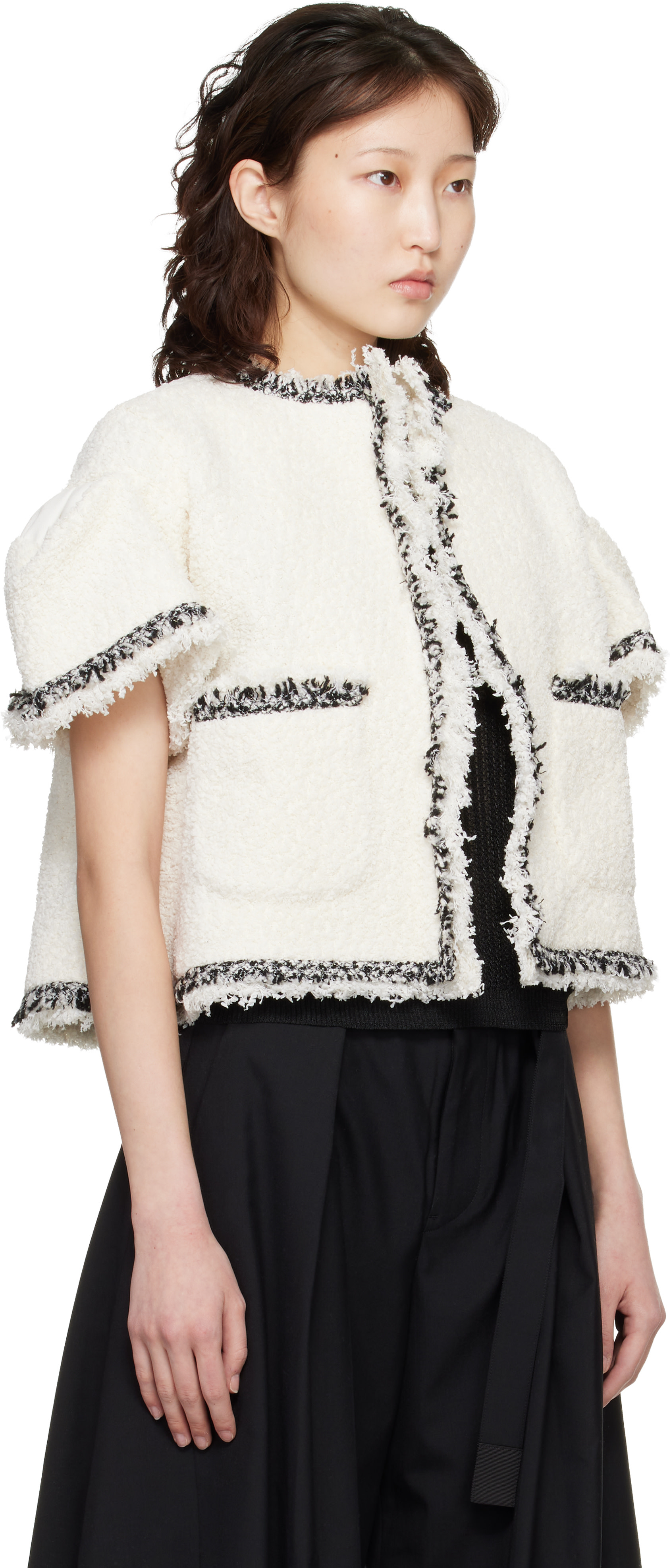 sacai　2022SS　ツイードショートコート　ジャケット　ジップ　フリンジ sacai: オフホワイト ツイードジャケット | SSENSE 日本