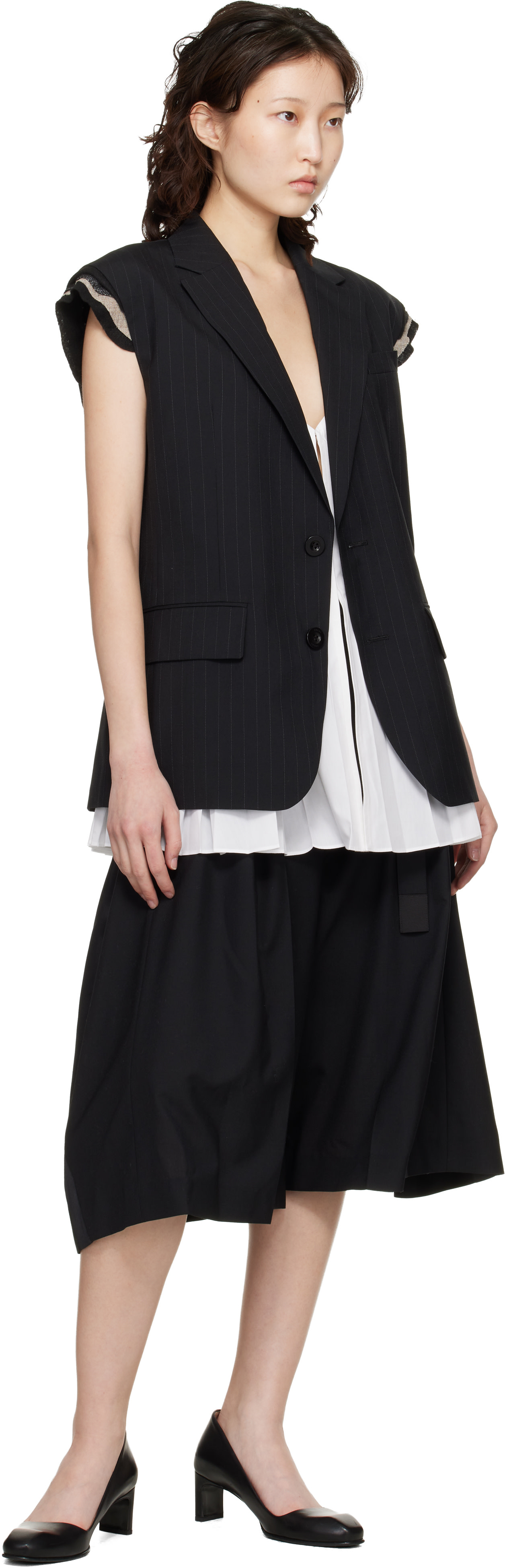 sacai: Black Chalk Stripe Vest | SSENSE