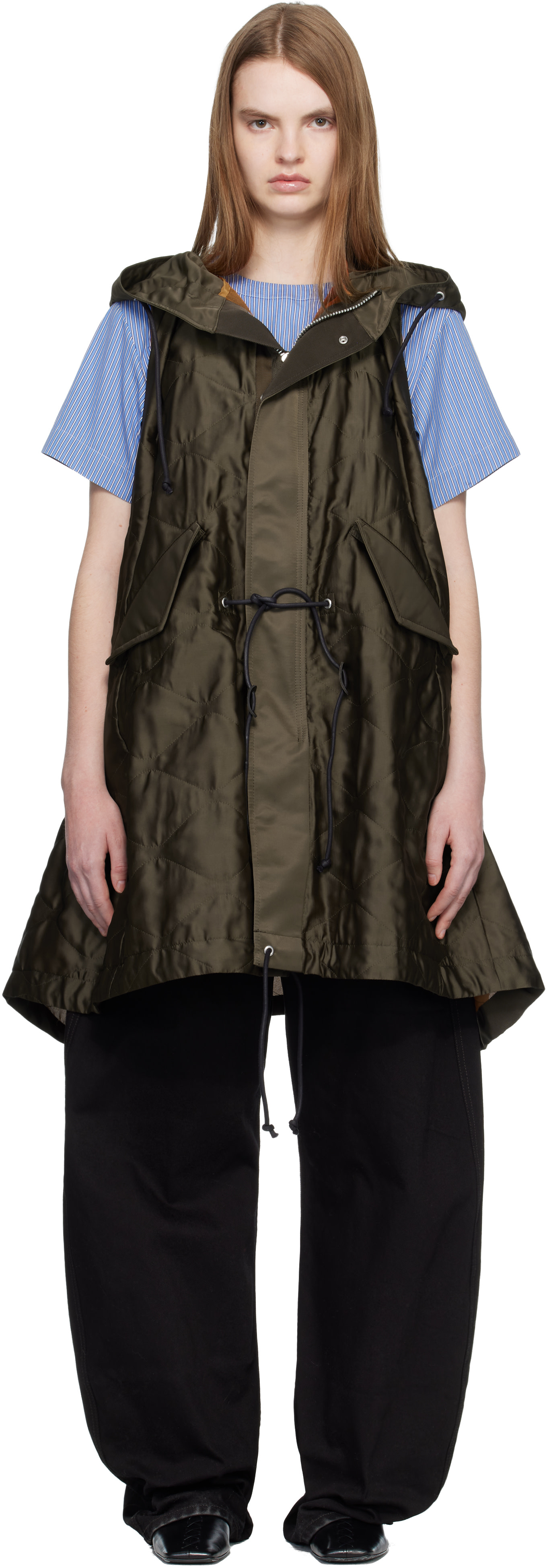 sacai: Khaki Quilted Satin Hooded Vest | SSENSE
