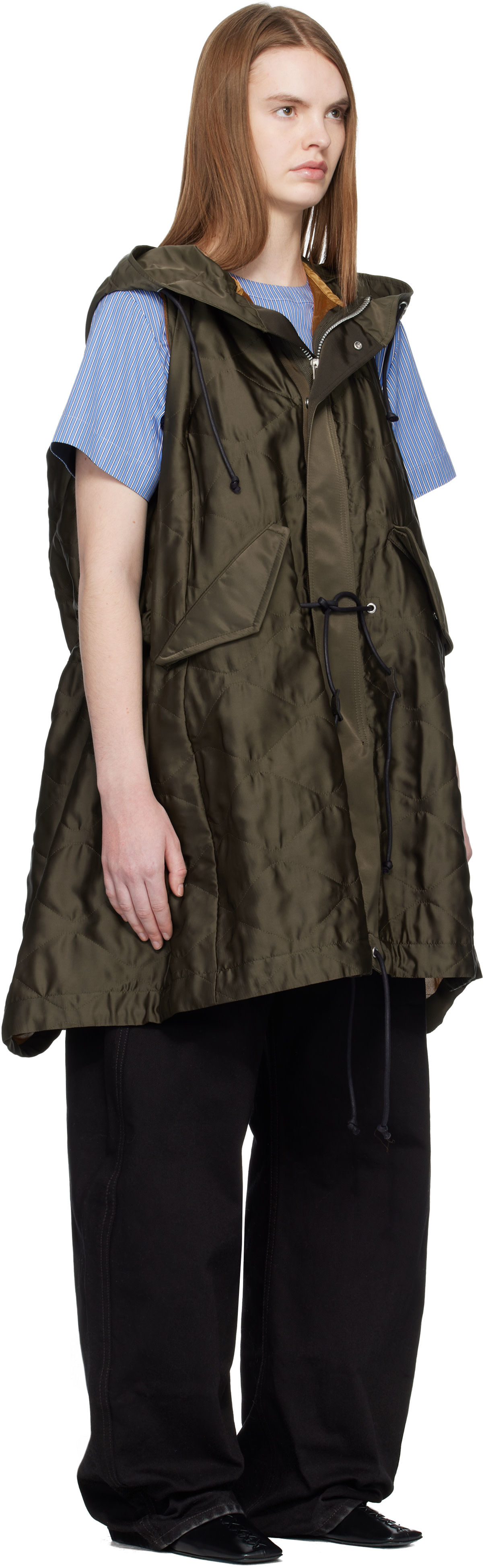sacai: Khaki Quilted Satin Hooded Vest | SSENSE