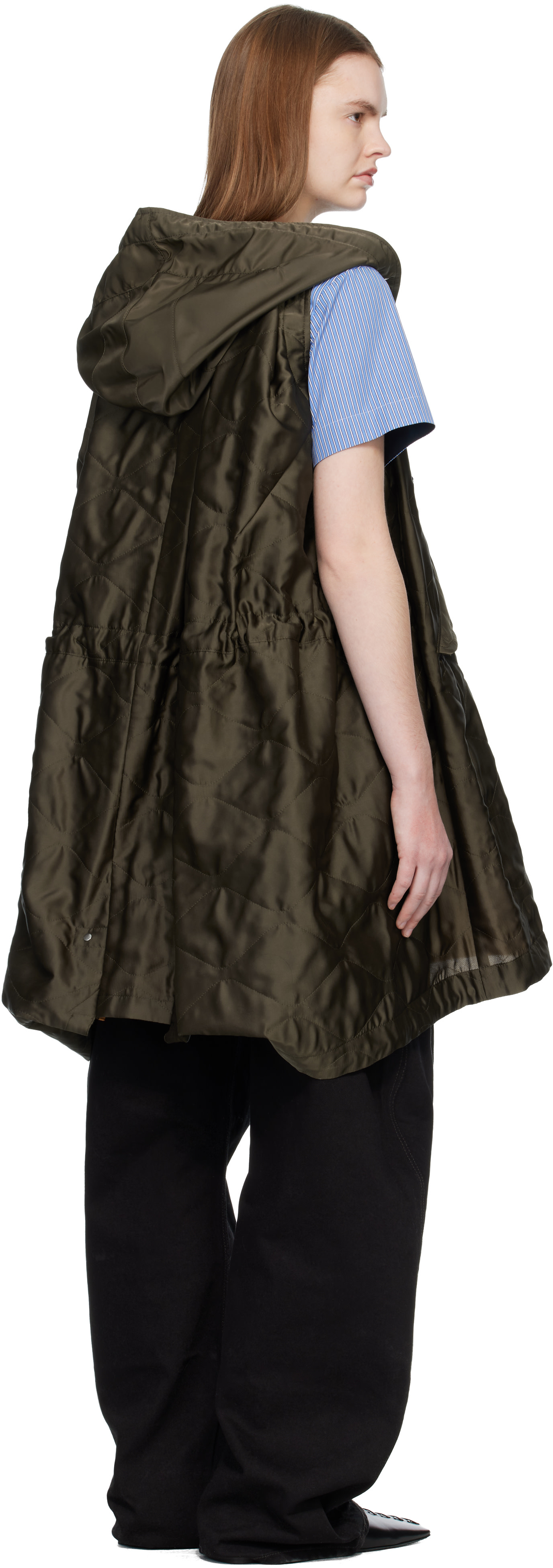 sacai: Khaki Quilted Satin Hooded Vest | SSENSE