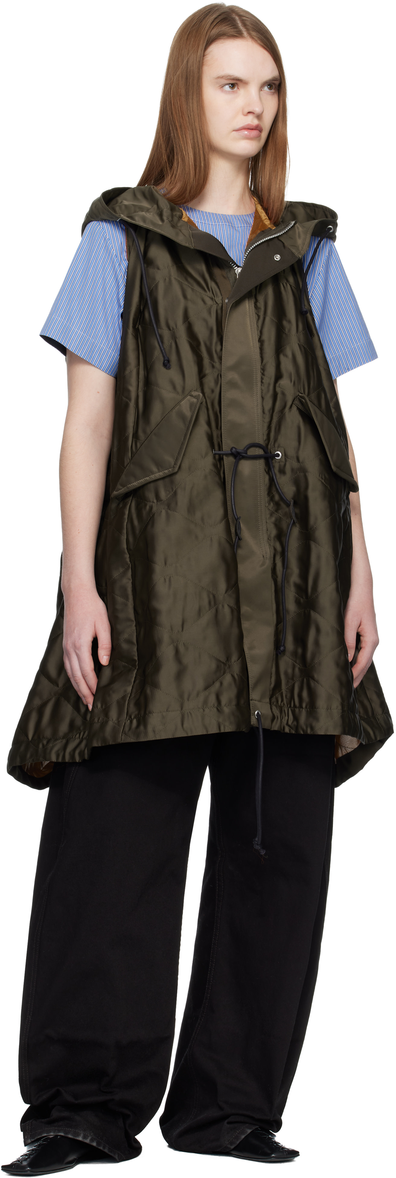 sacai: Khaki Quilted Satin Hooded Vest | SSENSE