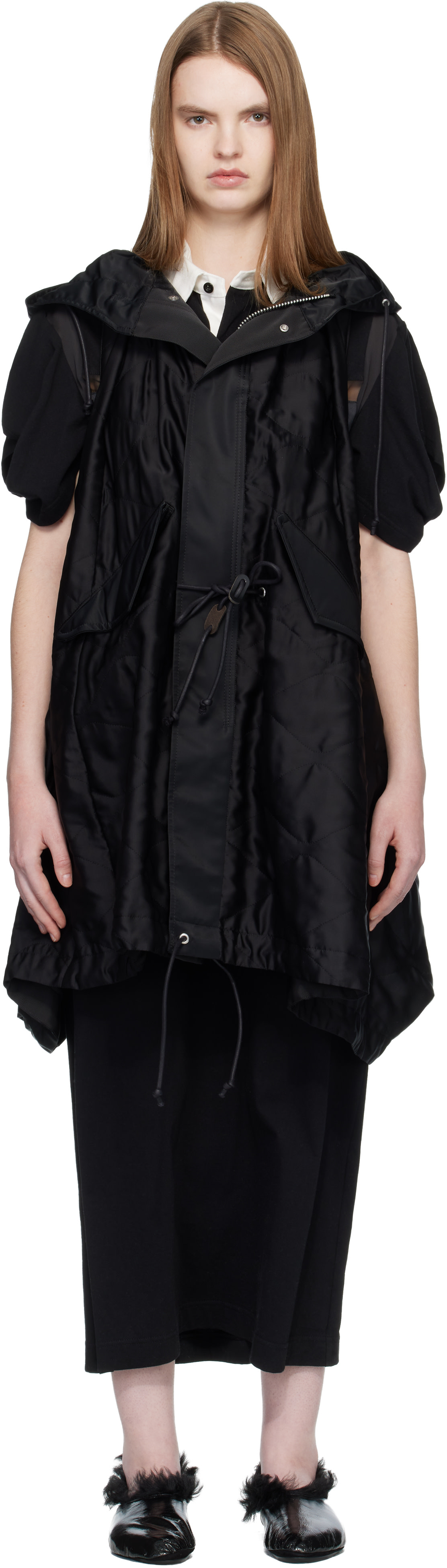 sacai: Black Quilted Satin Hooded Vest | SSENSE