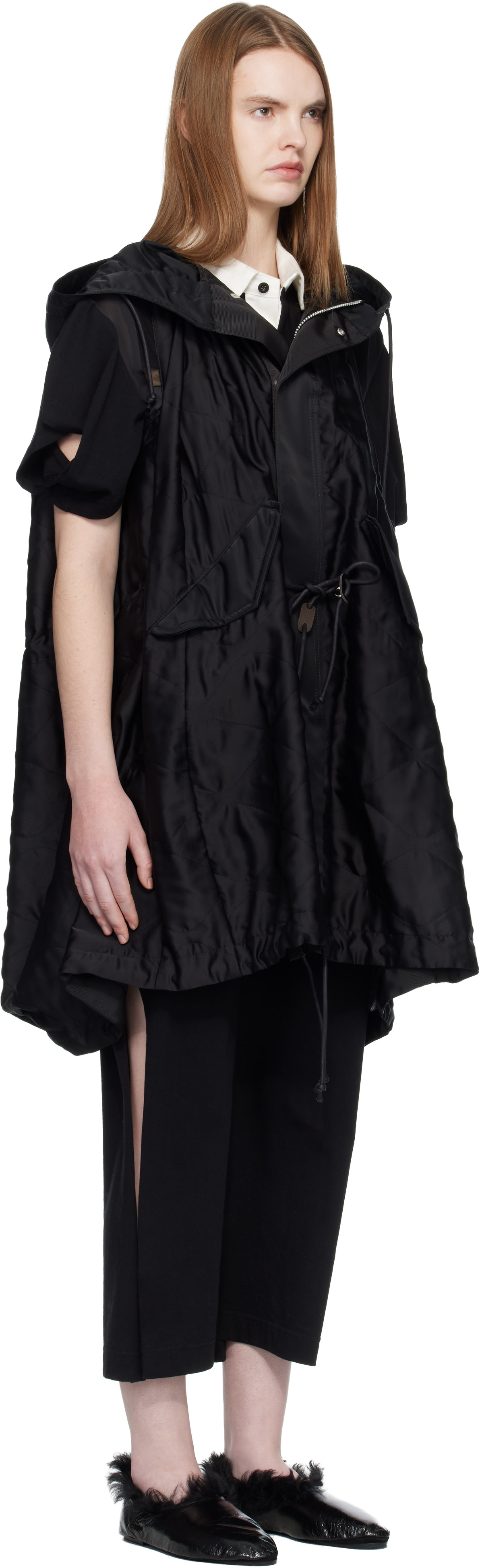 sacai: Black Quilted Satin Hooded Vest | SSENSE