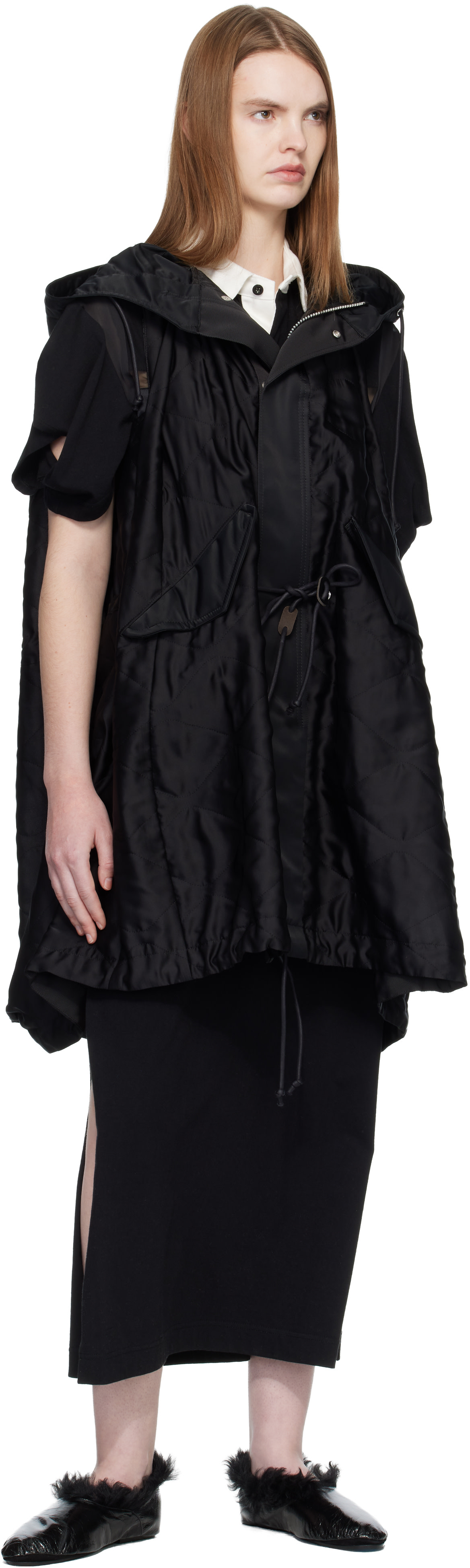 sacai: Black Quilted Satin Hooded Vest | SSENSE