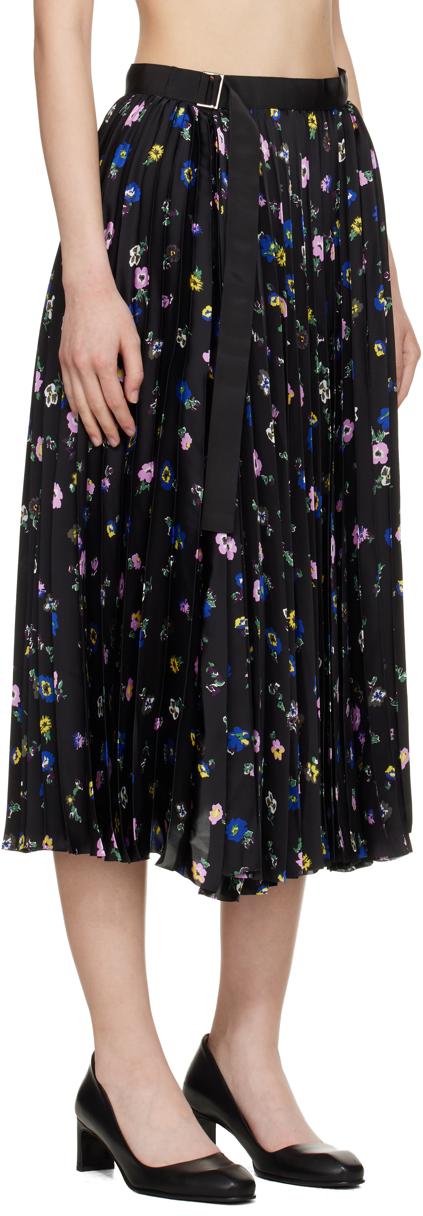 sacai: Black Floral Print Midi Skirt | SSENSE