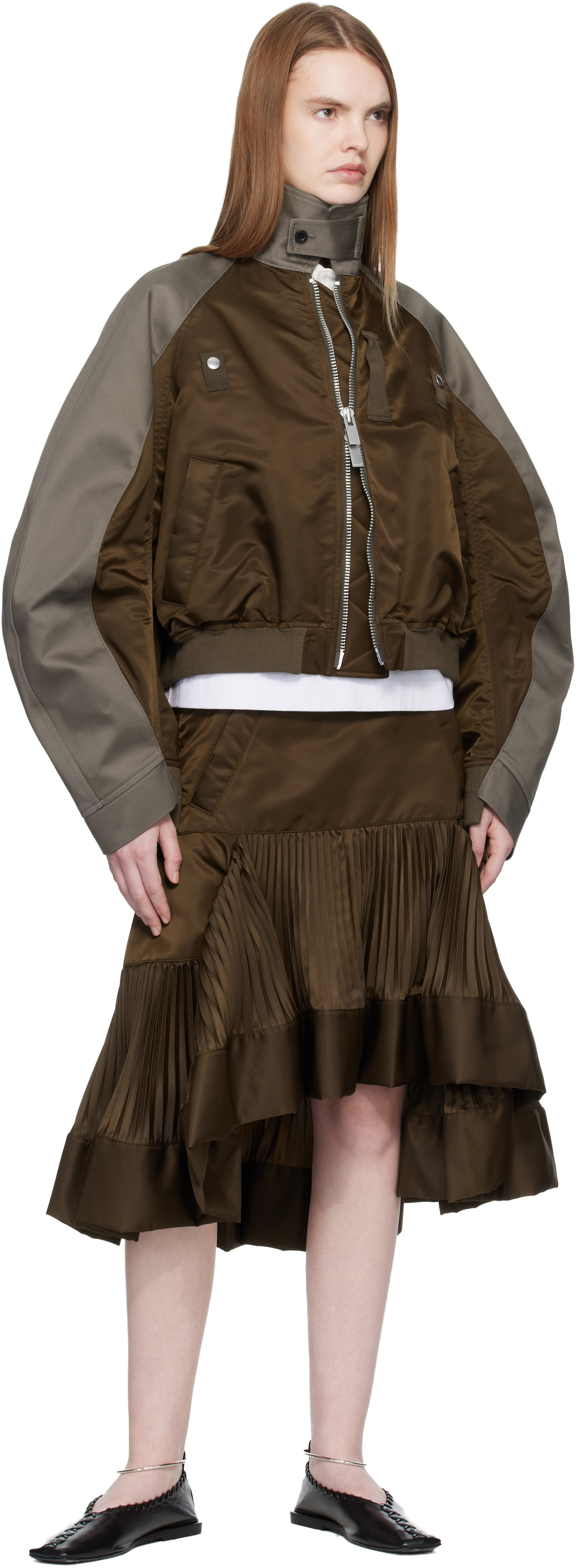 sacai Nylon Twill Skirt プリーツMA1 SCW-003 sacai: Brown Nylon Twill Midi Skirt | SSENSE