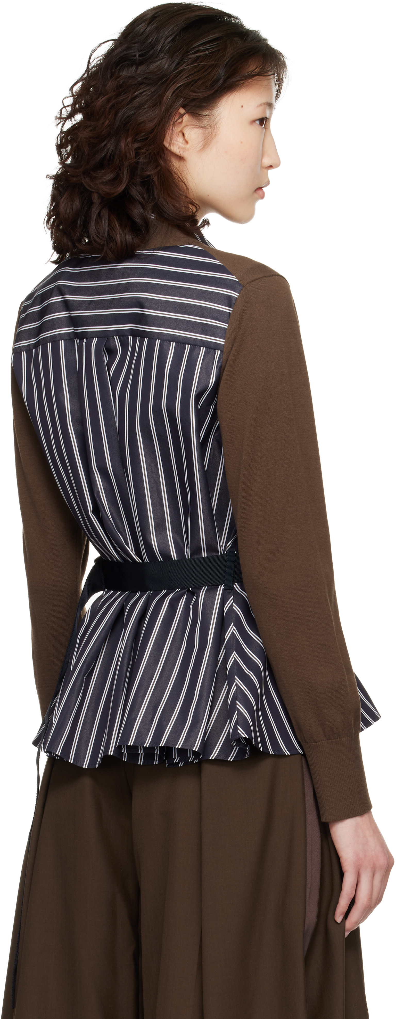 sacai: Brown Poplin & Cotton Knit Cardigan | SSENSE
