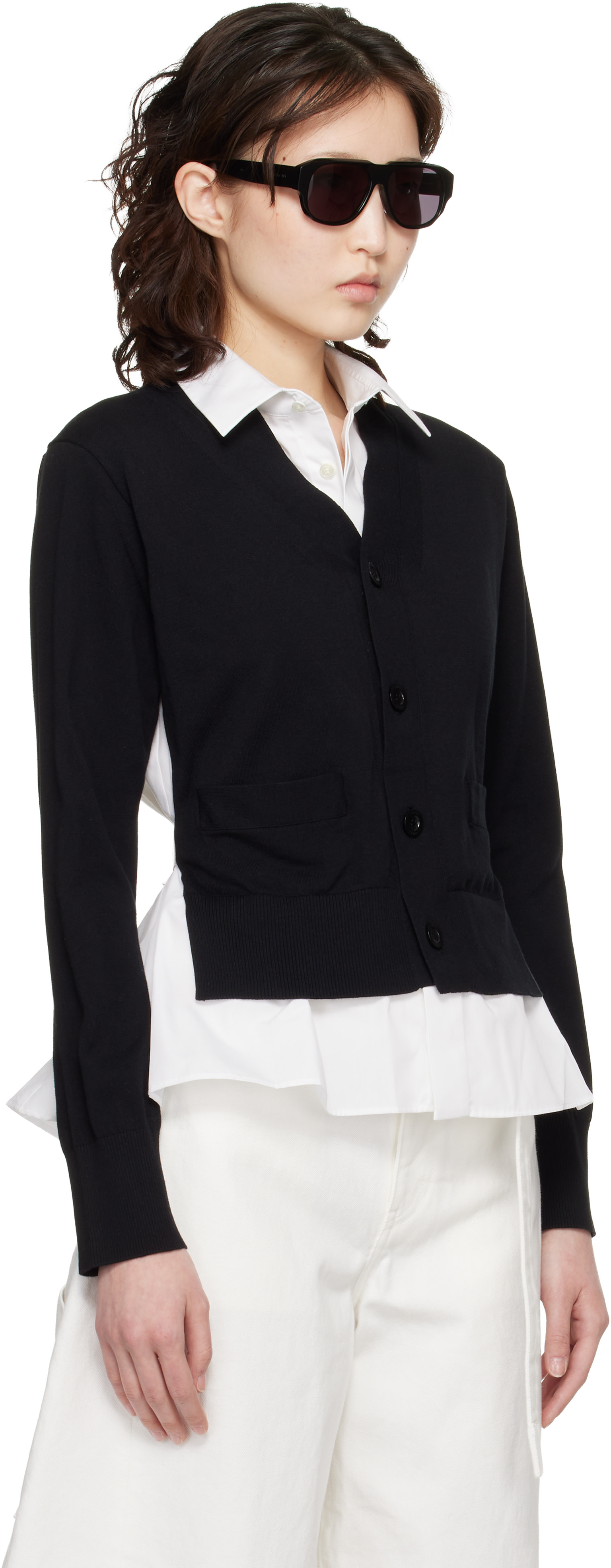 sacai: Black & White Poplin Cotton Knit Cardigan | SSENSE