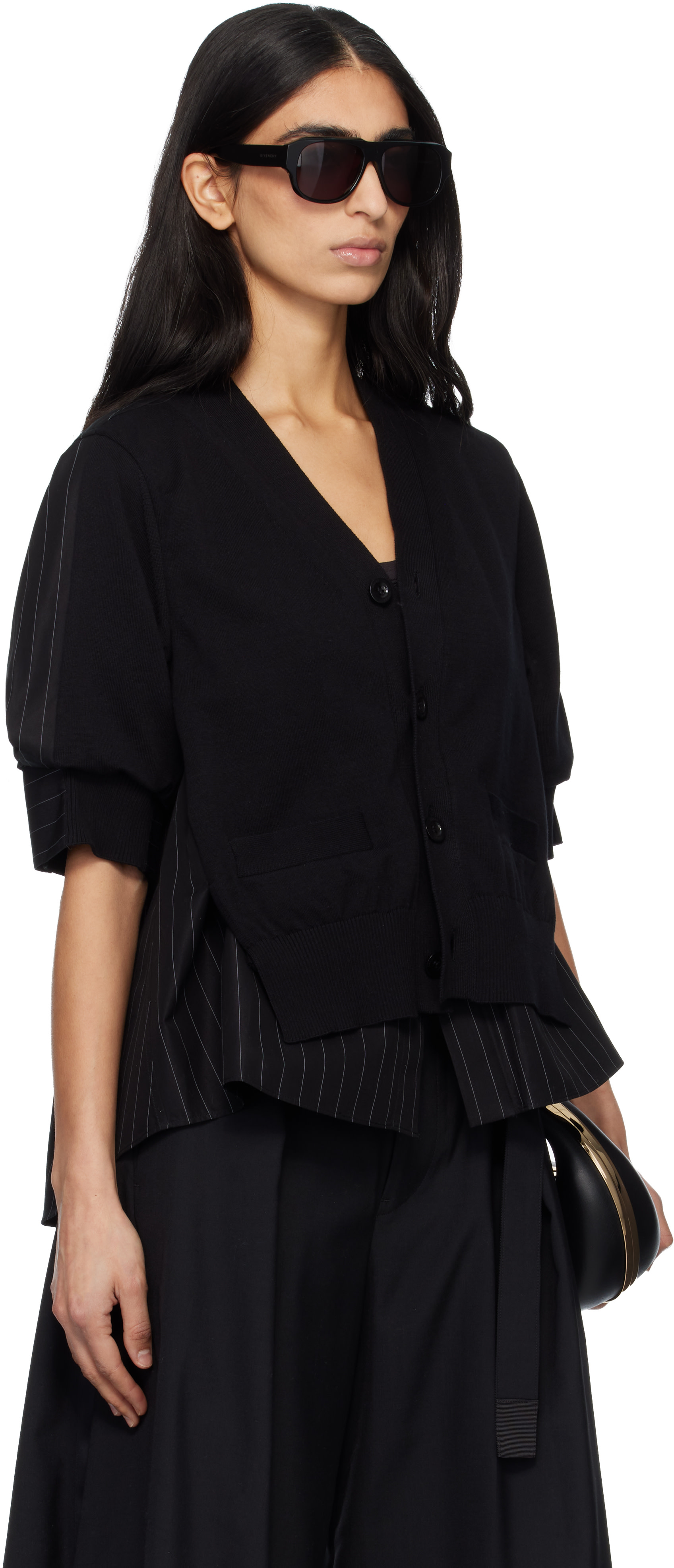sacai: Black Chalk Stripe & Cotton Knit Cardigan | SSENSE Puerto Rico