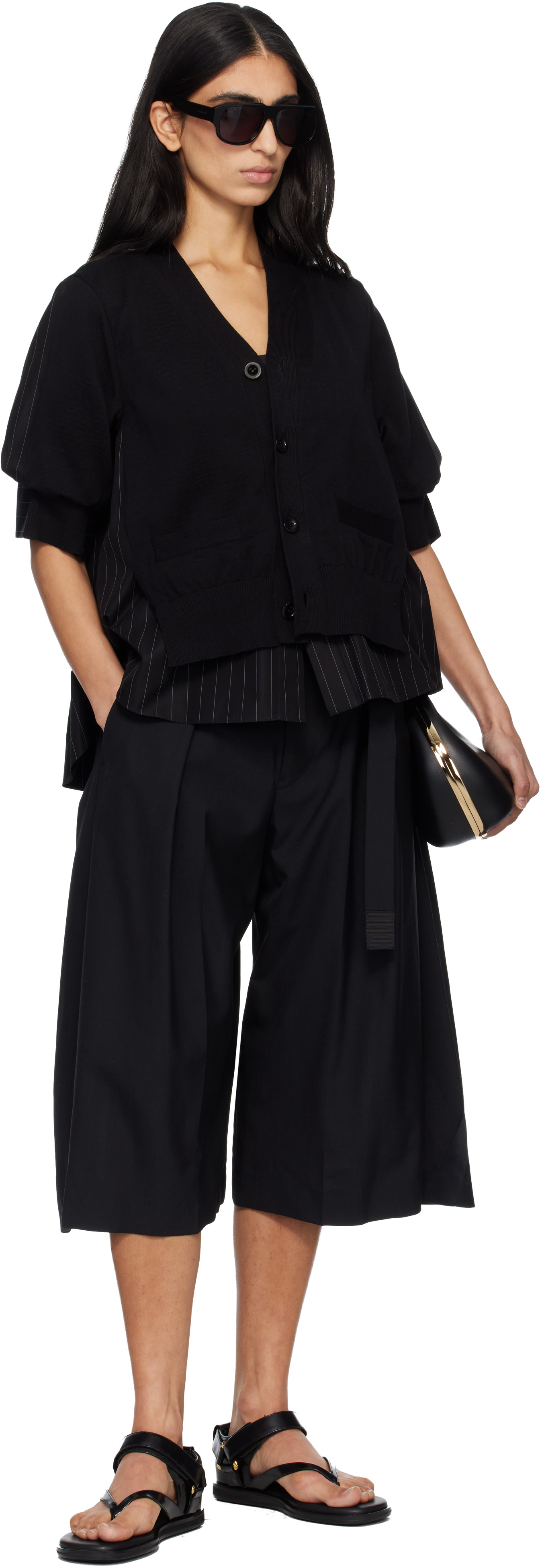 sacai: Black Chalk Stripe & Cotton Knit Cardigan | SSENSE Puerto Rico
