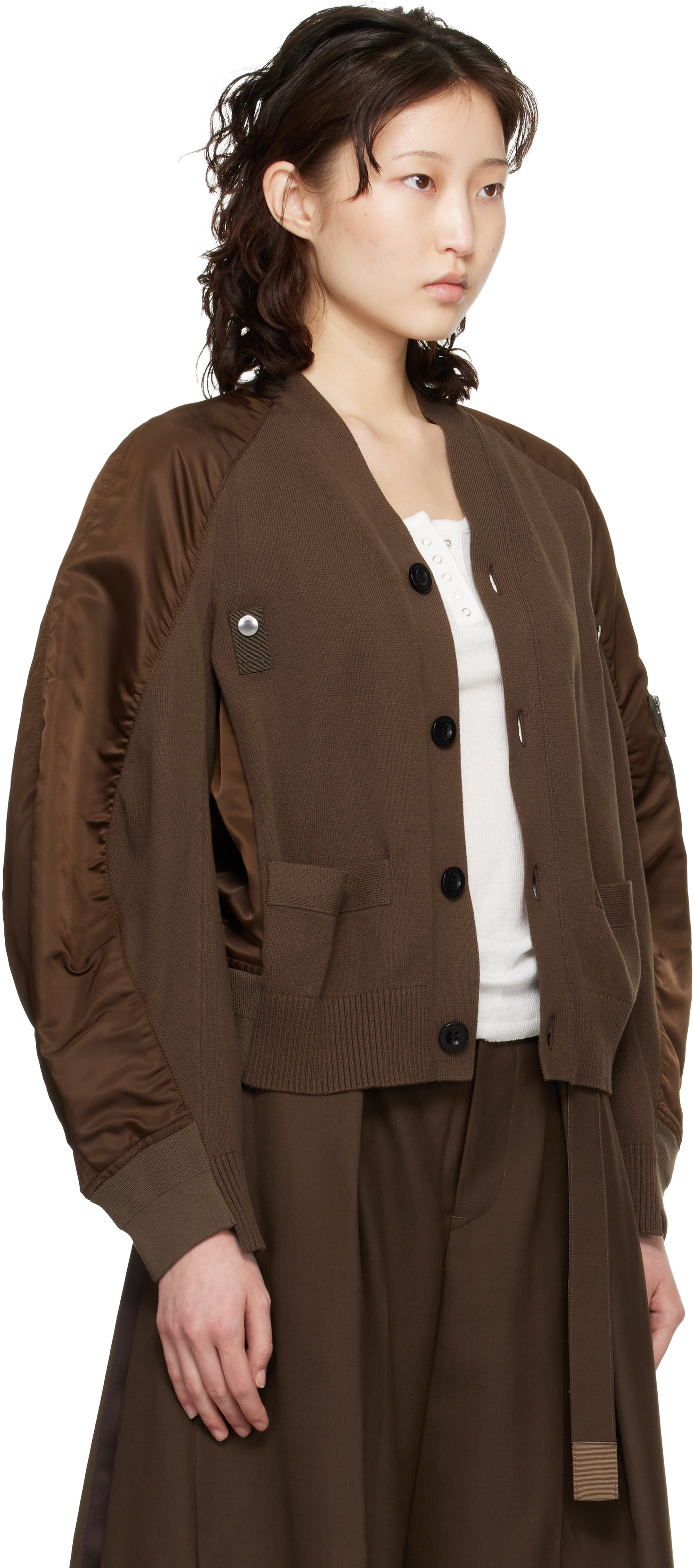 sacai: Brown Nylon Twill & Knit Cardigan | SSENSE