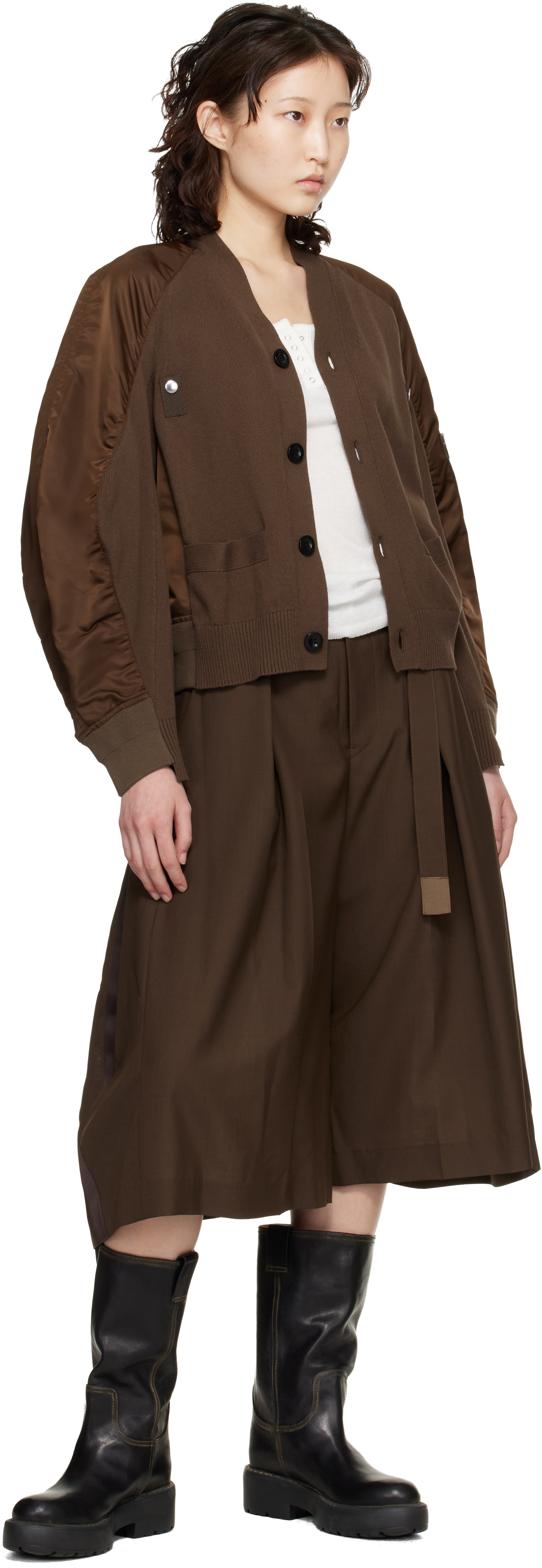 sacai: Brown Nylon Twill & Knit Cardigan | SSENSE