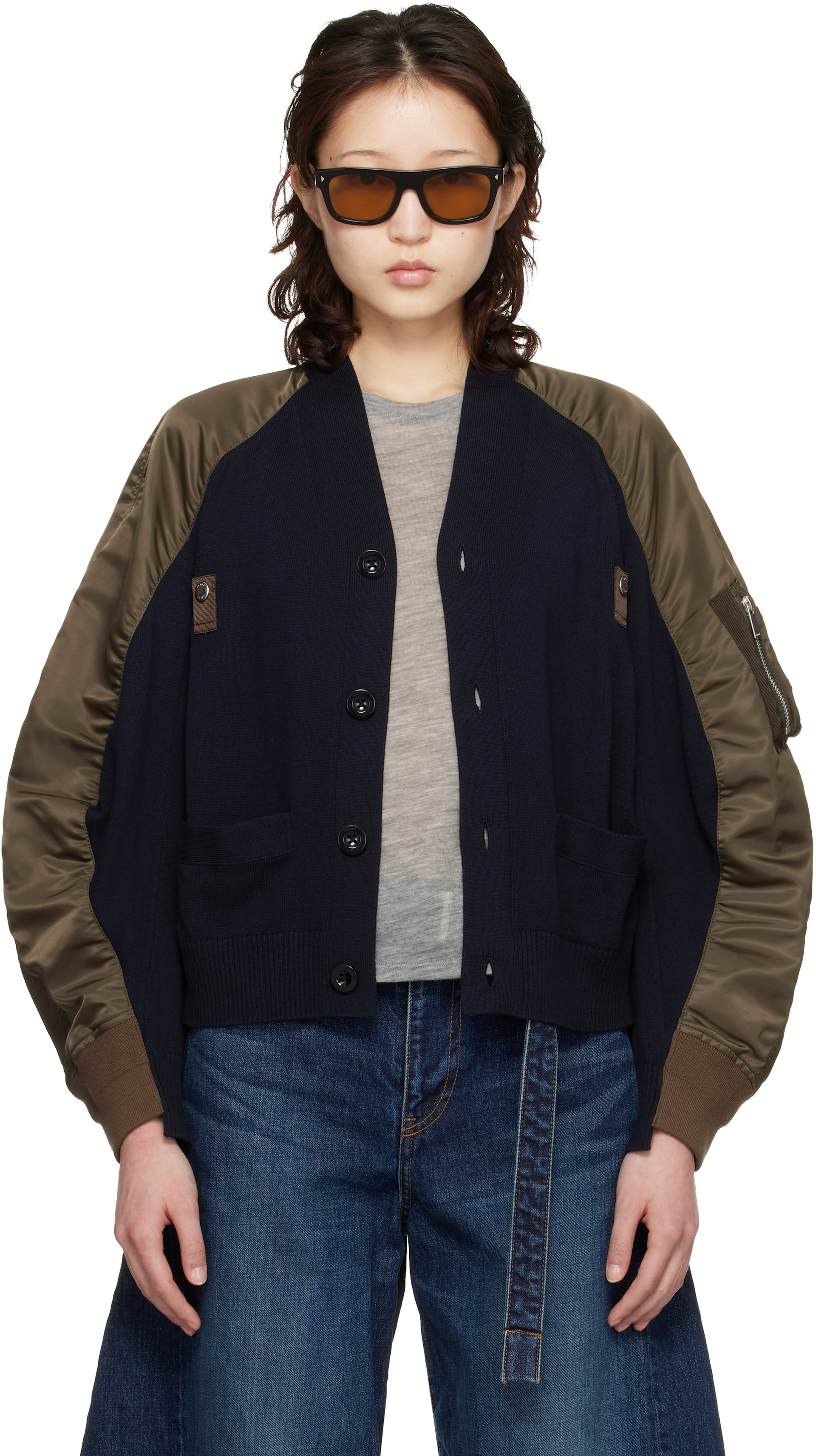 sacai サカイ レースドッキングカーディガン バイカラー 紺 黄 uu6 sacai: グリーン＆ネイビー ナイロンツイル ニットカーディガン