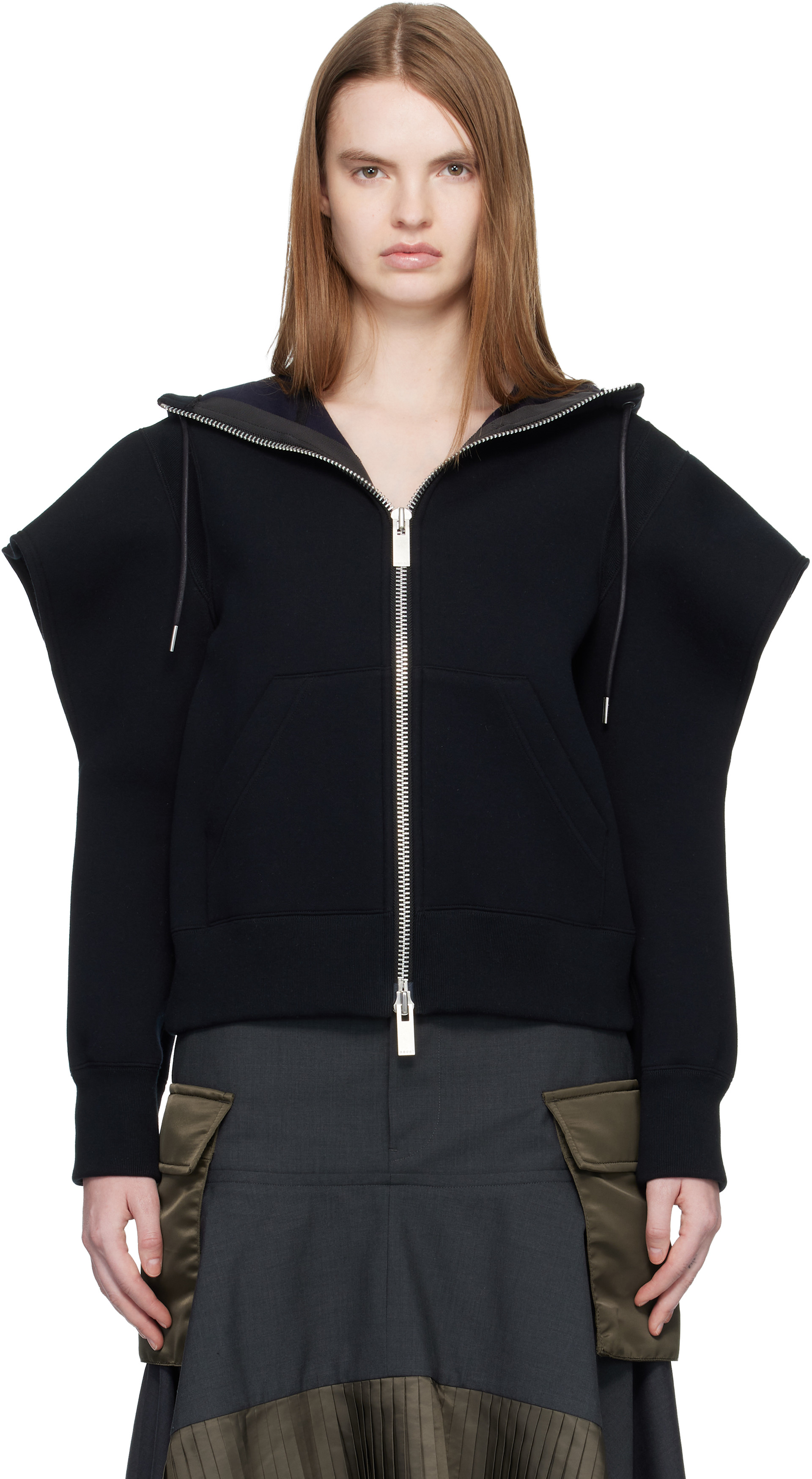 サカイ Sponge Sweat Hoodie ニット ドッキング パーカー sacai: Black Sponge Sweat Hoodie | SSENSE