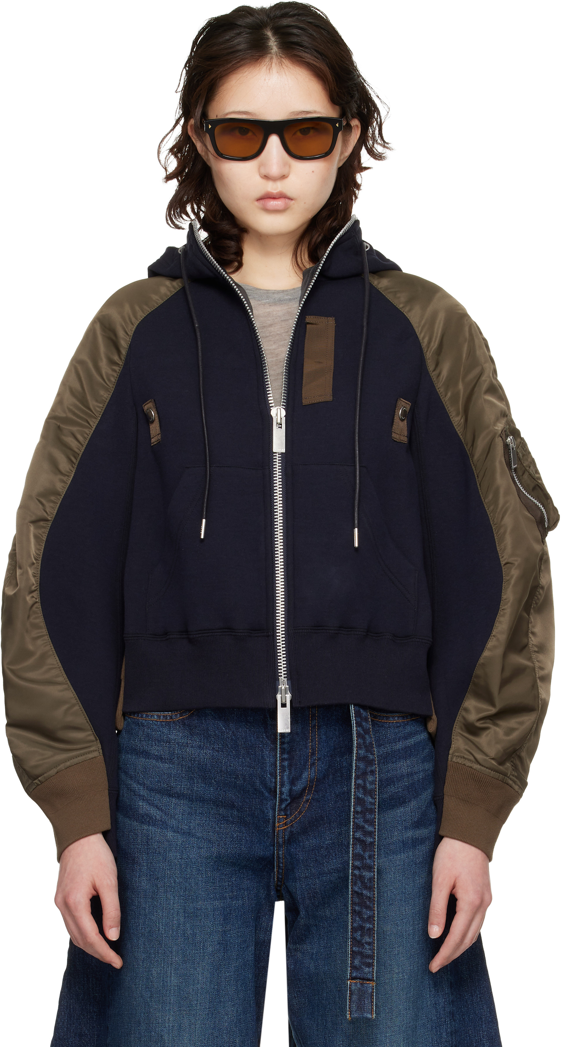 sacai: Navy & Khaki Sponge Sweat Hoodie | SSENSE
