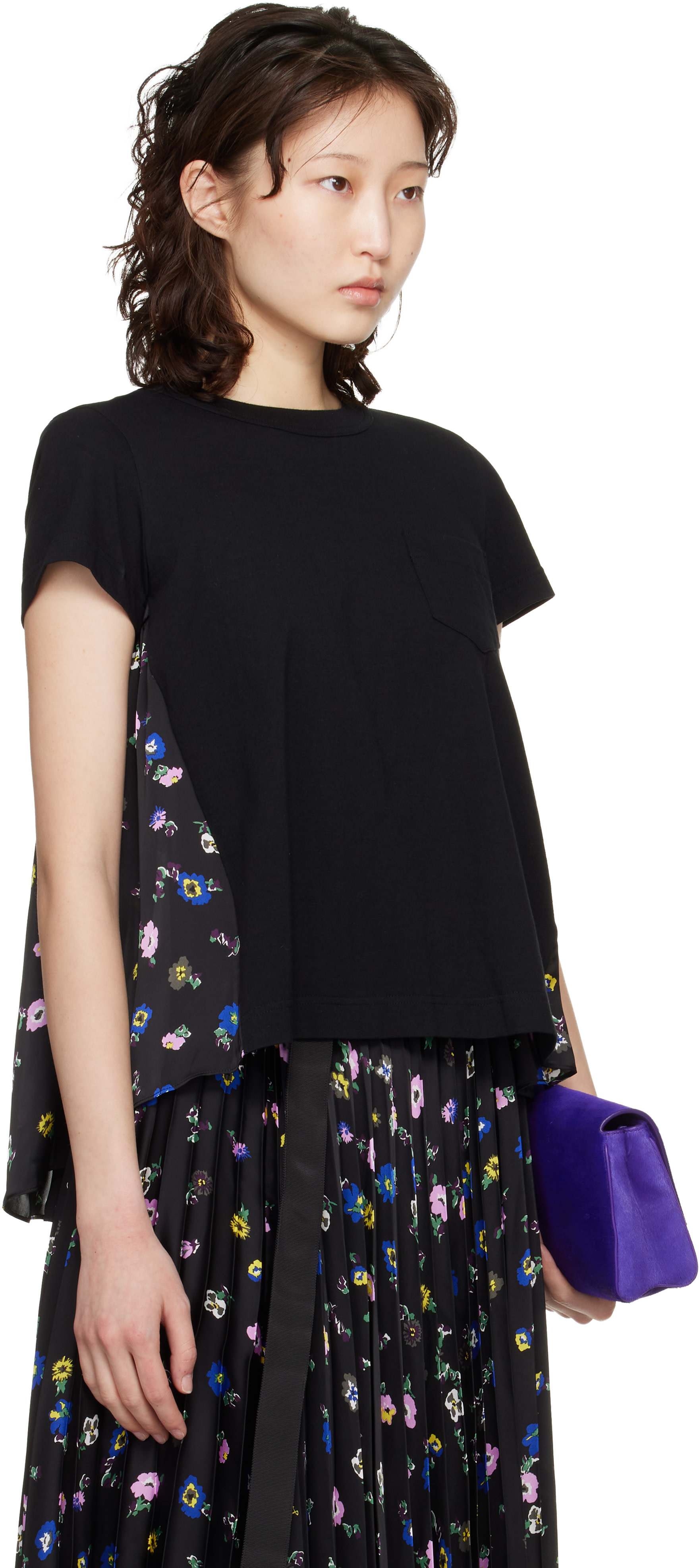 sacai: Black Floral Print T-shirt | SSENSE