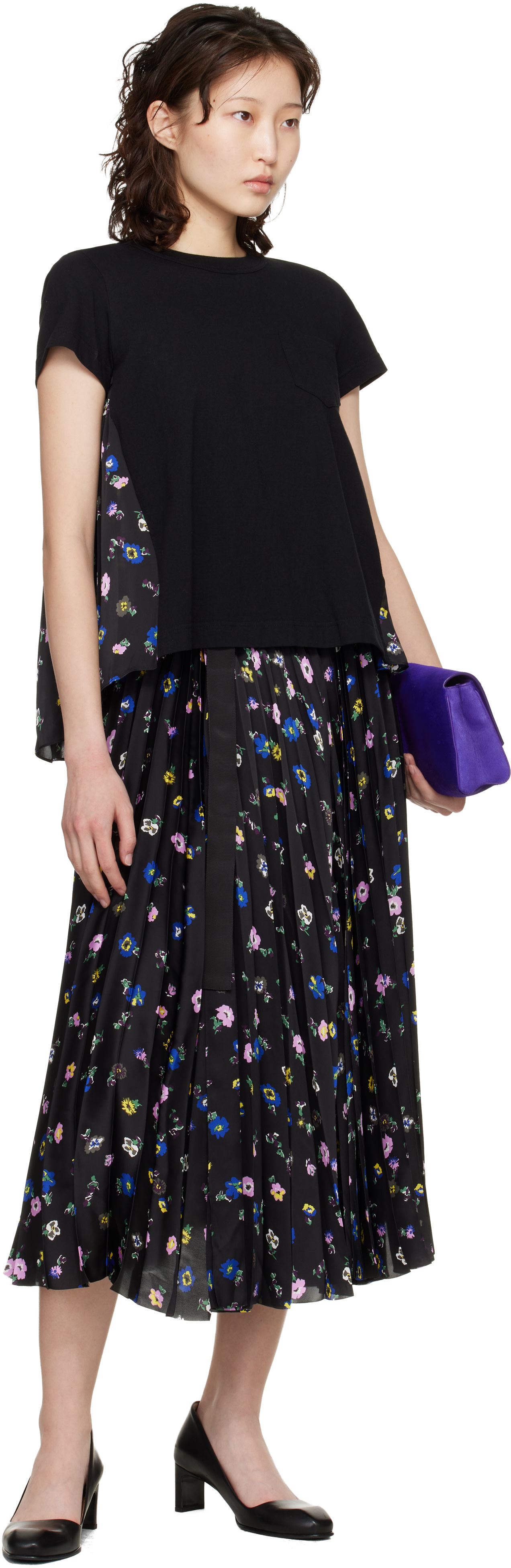 sacai: Black Floral Print T-shirt | SSENSE