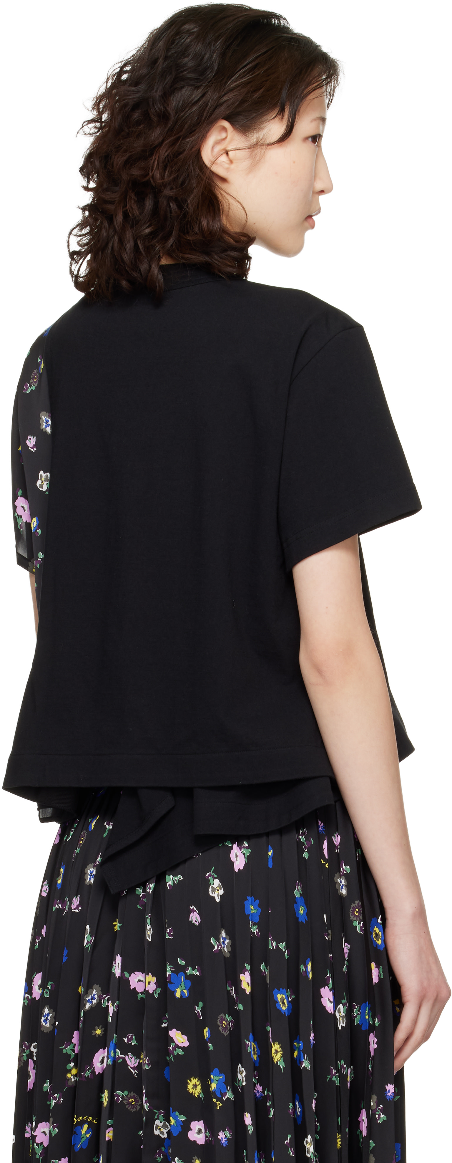 sacai: Black Floral Print T-shirt | SSENSE