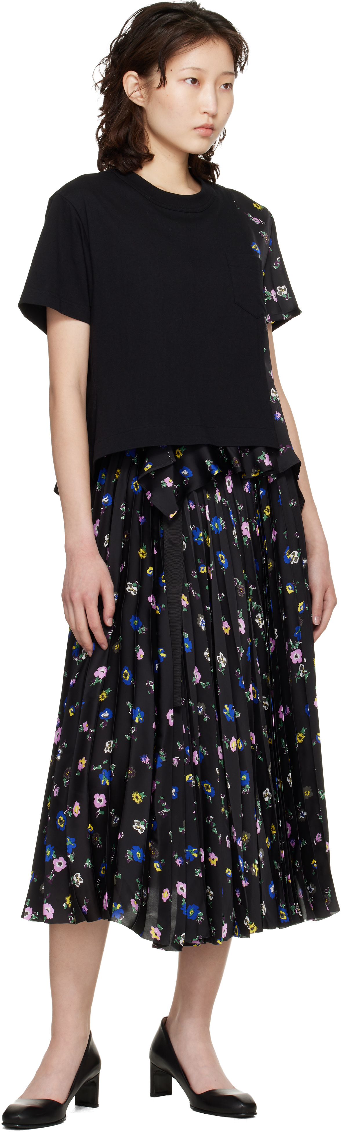 sacai: Black Floral Print T-shirt | SSENSE