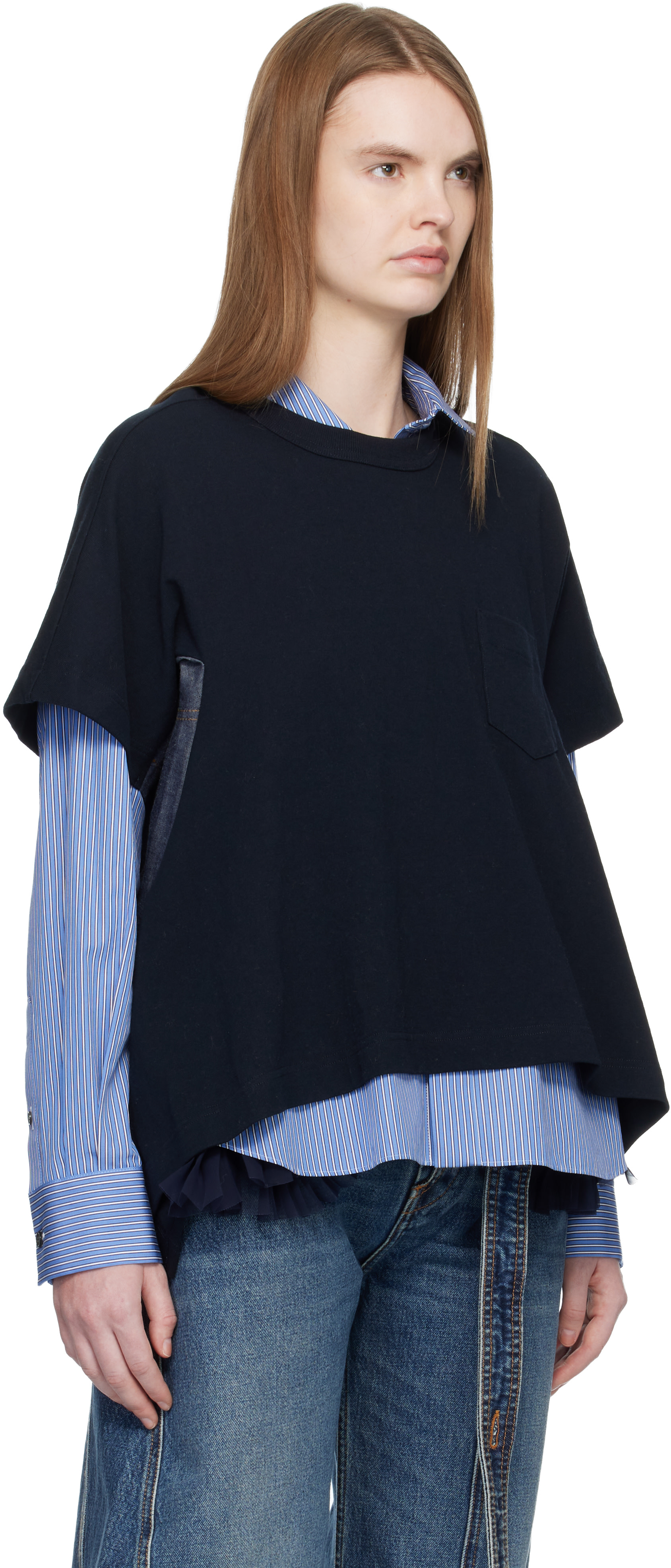 sacai: ネイビー ライトウェイト デニム＆コットンジャージ Tシャツ