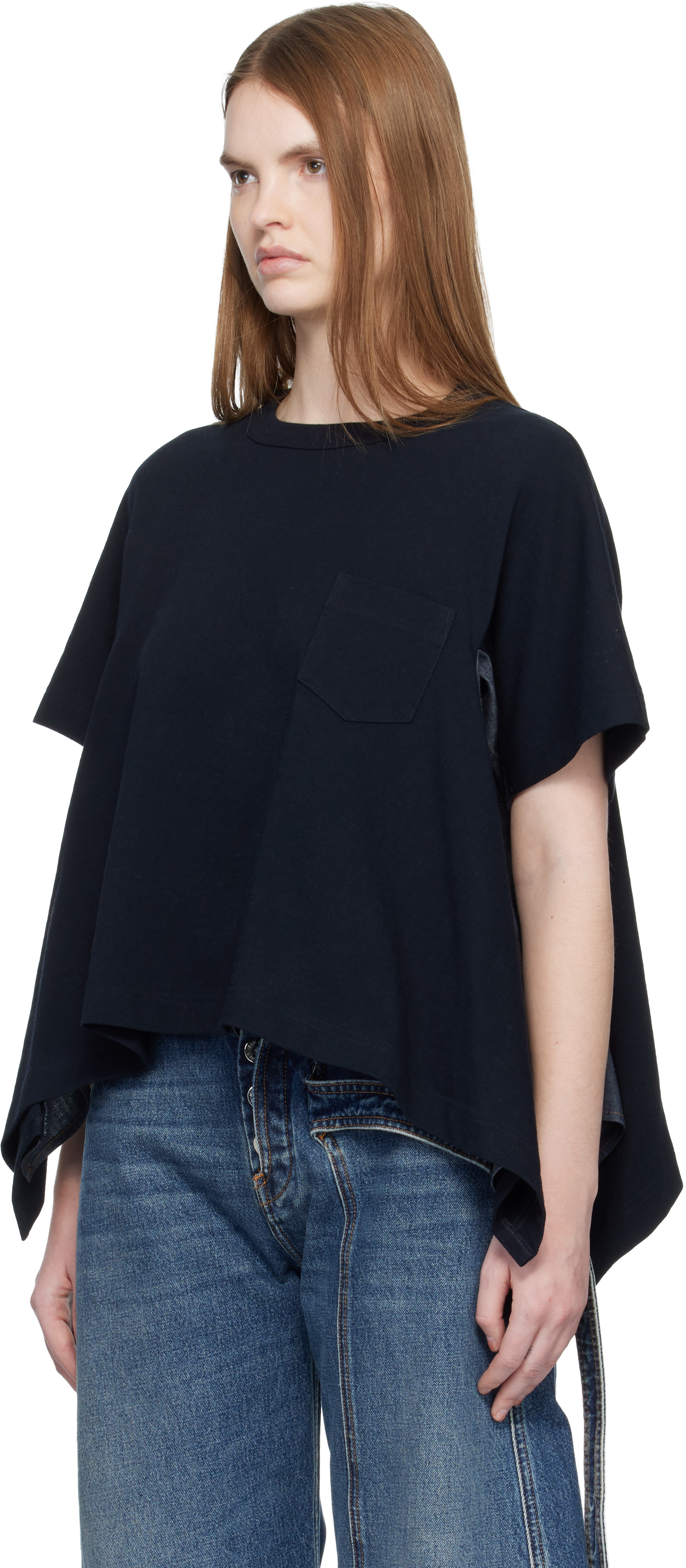 sacai: ネイビー ライトウェイト デニム＆コットンジャージ Tシャツ