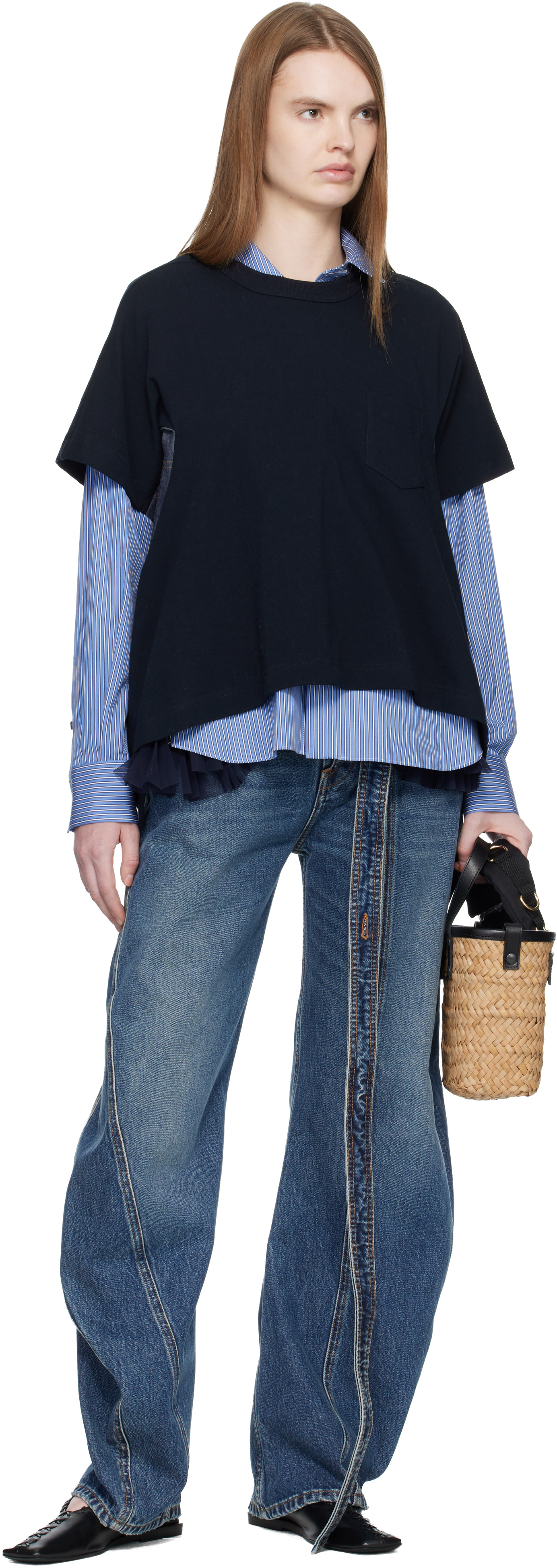 sacai: Navy Light Weight Denim & Cotton Jersey T-shirt | SSENSE