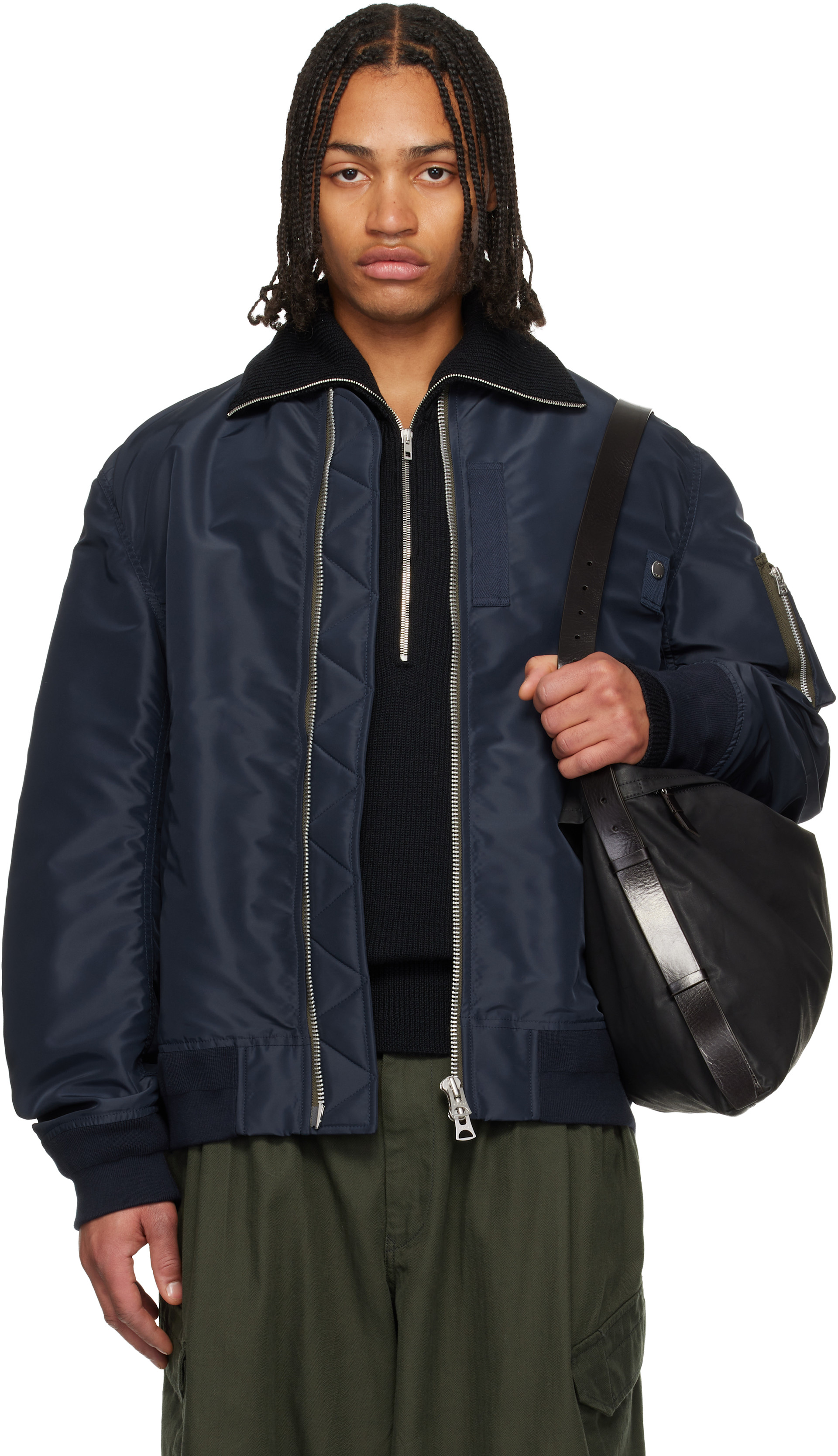 sacai: Navy Nylon Twill Blouson Bomber Jacket | SSENSE United Kingdom