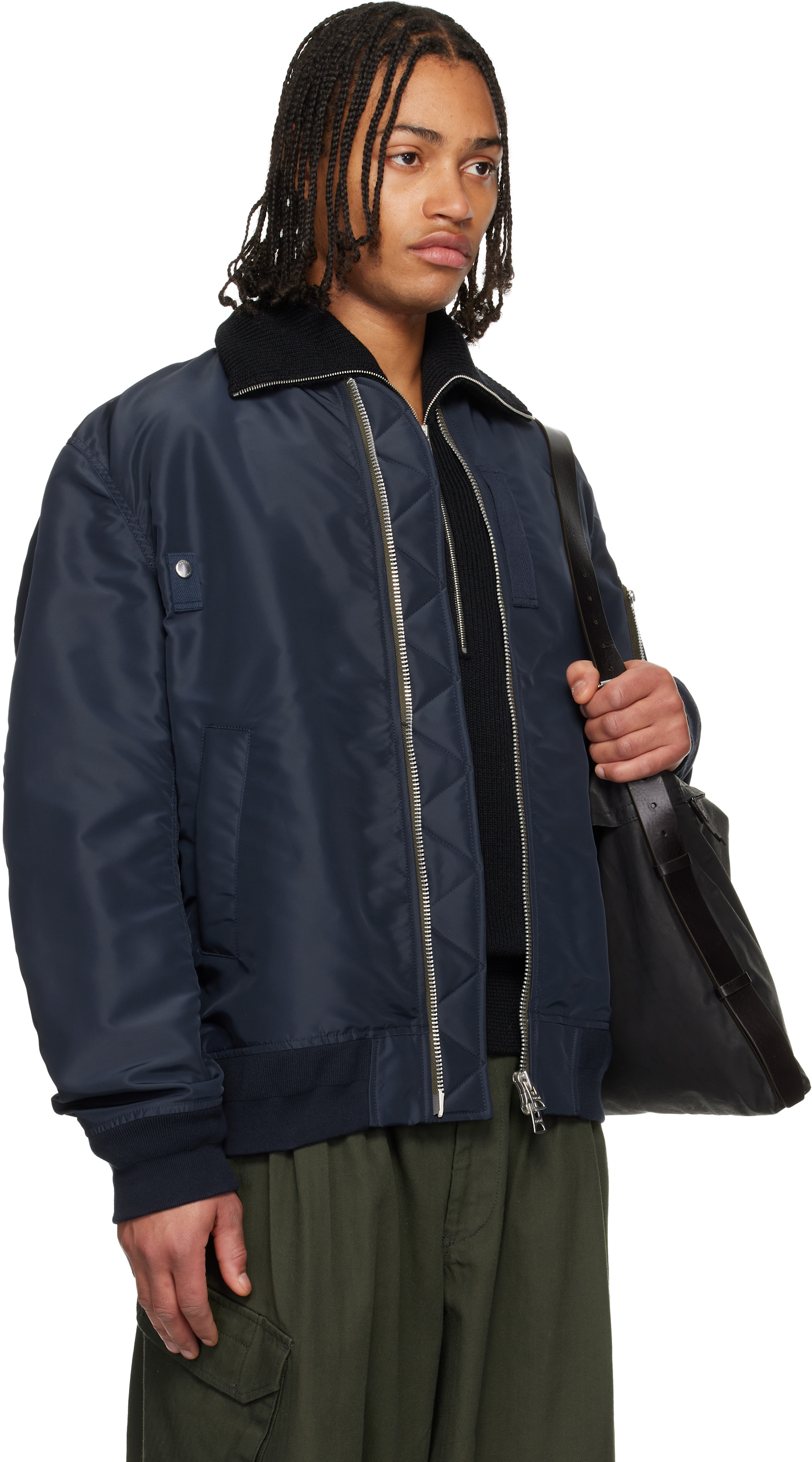 sacai サカイ 22ss Nylon Twill Mix Jacket sacai: Navy Nylon Twill Blouson Bomber Jacket | SSENSE